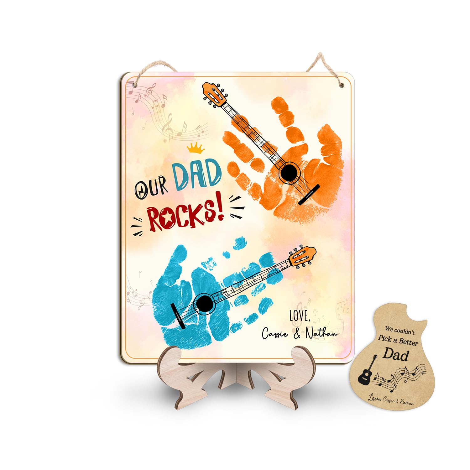 DIY Our Dad Rocks Guitar Craft Plaque Baby Handprint Gifts for Dad Papa Musician Guitar Player, Baby First Fathers Day Art Craft for Guitarist Father,