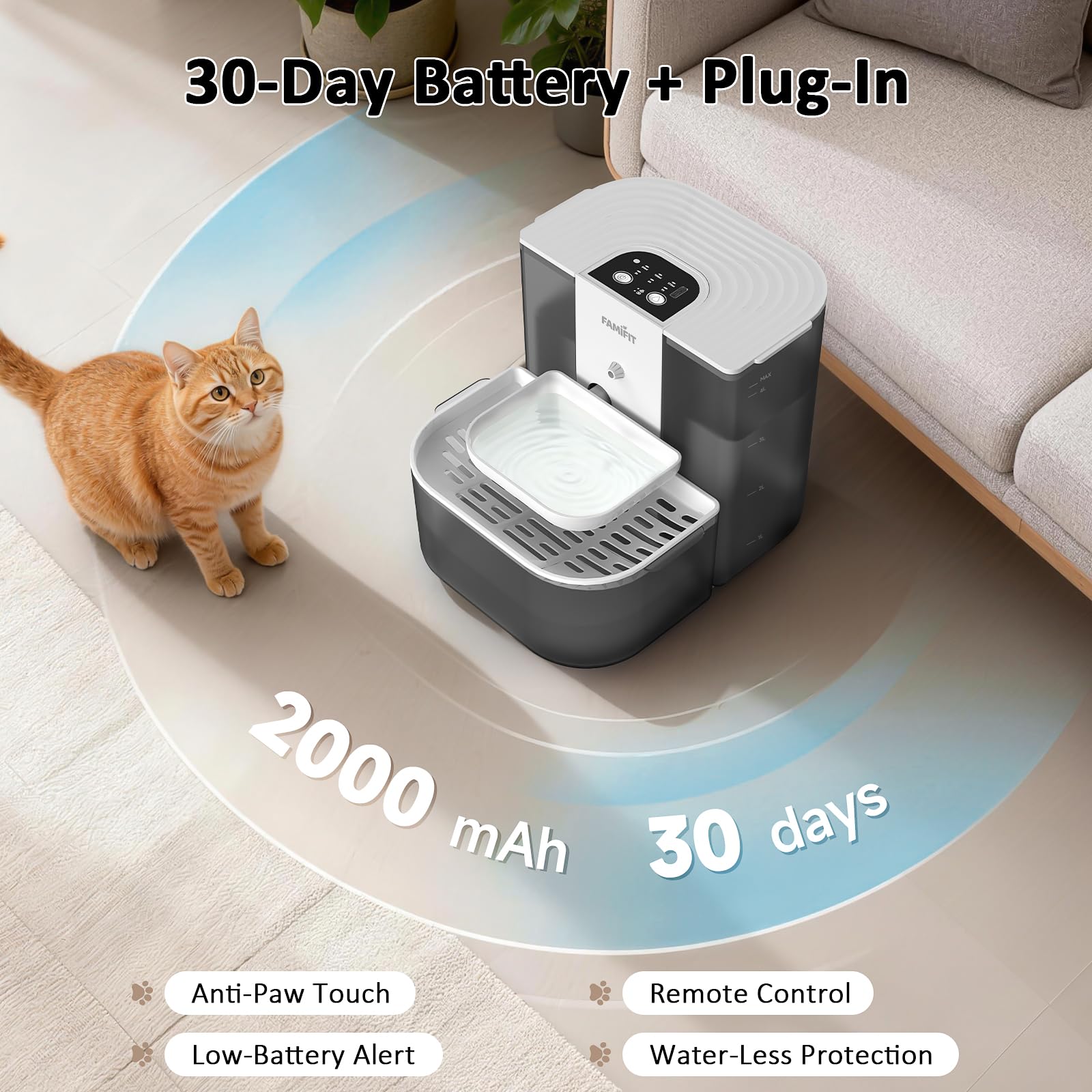 Fuente de agua automática para gatos de 4,5 L + 2 L (sin calefacción), batería de 2000 mAh, temporizador de 3/6/9H y control de 80/100/120 ml, sistema de agua limpia, sin filtro, cuenco de