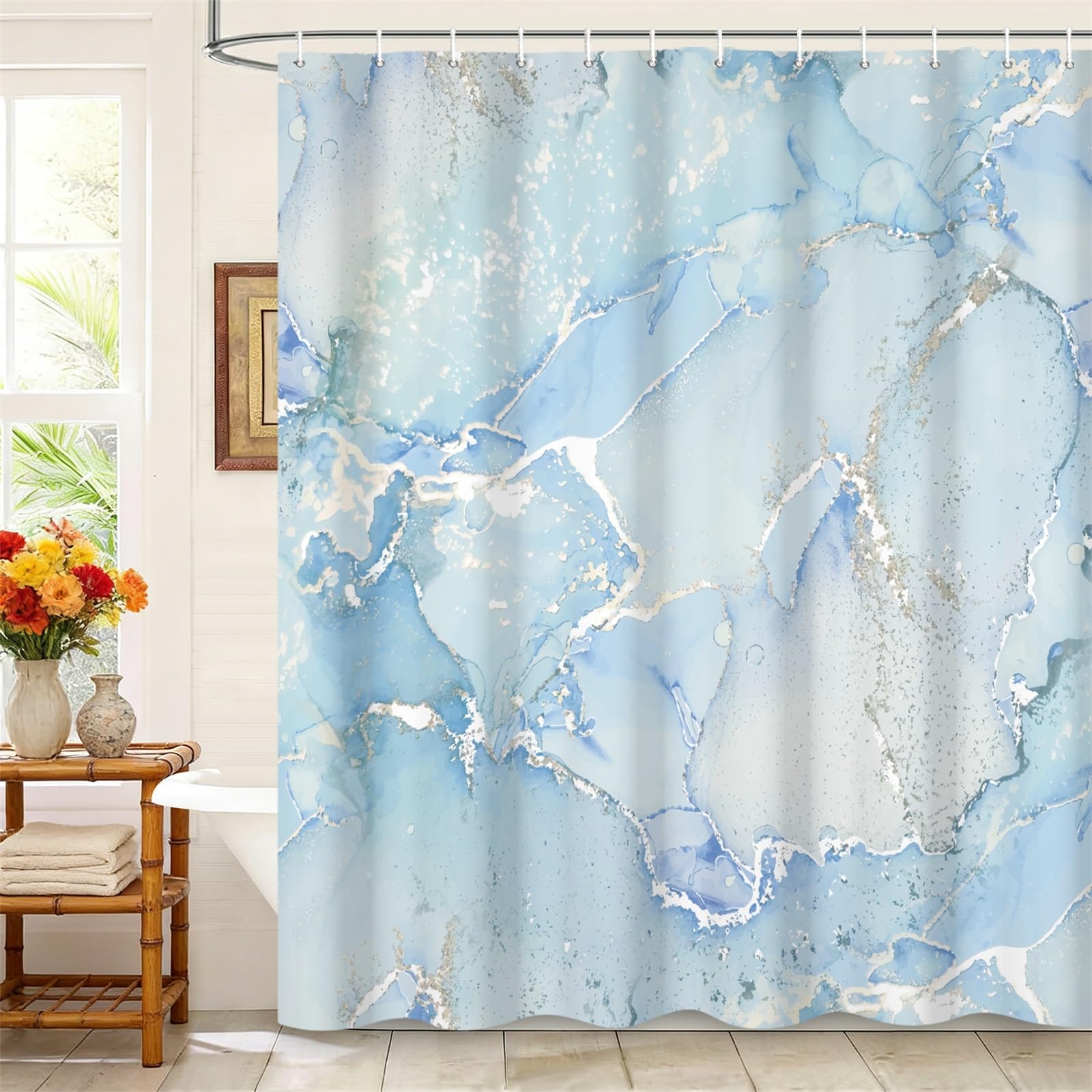 Kzzfqxb 90x183cm Shower Curtains with Plastic Hooks, Waterproof Occluded Light Blue Marble Texture White Silver Sandflow Waterflow Art Pattern for Bath, Polyester Fabric for Bathroom Bathtub — image 1