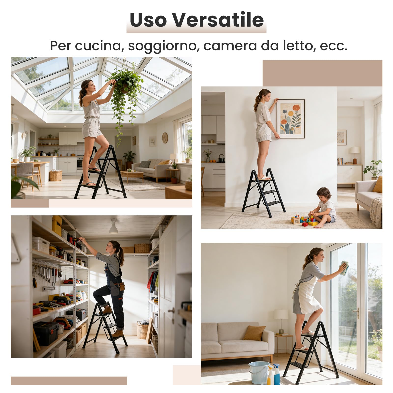 Sekey Scala in Alluminio Pieghevole 3 Gradini, Struttura in Acciaio con Gradini in Alluminio Antiscivoli, Leggera per Uso Domestico e Cucina, TÜV & SGS EN131 EN14183, Portata Massima 150 Kg, Nero