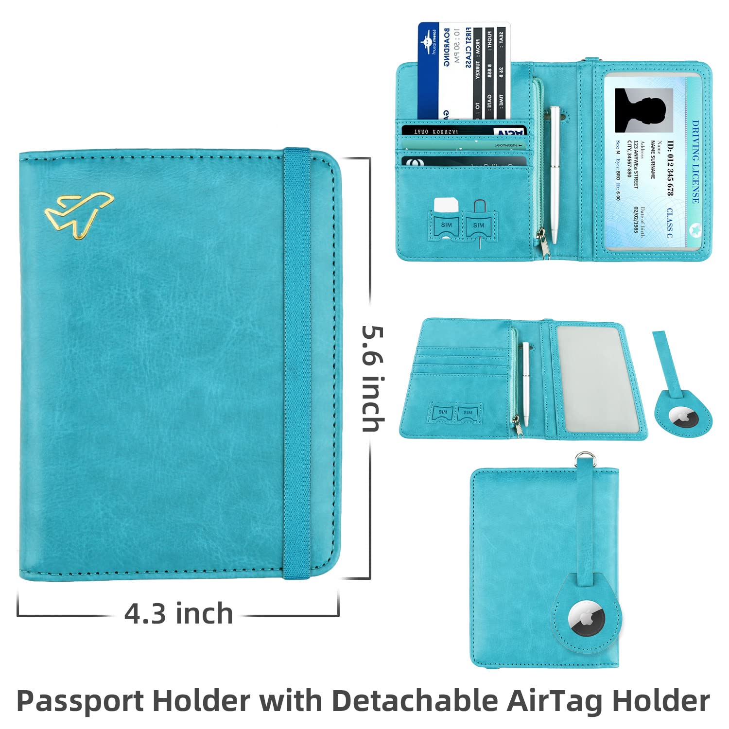Soporte para pasaporte AirTag, de piel sintética, con bloqueo RFID, funda para pasaporte, artículos esenciales de viaje para mujeres y hombres, Azul/claro, Soporte para pasaporte con bloqueo 4