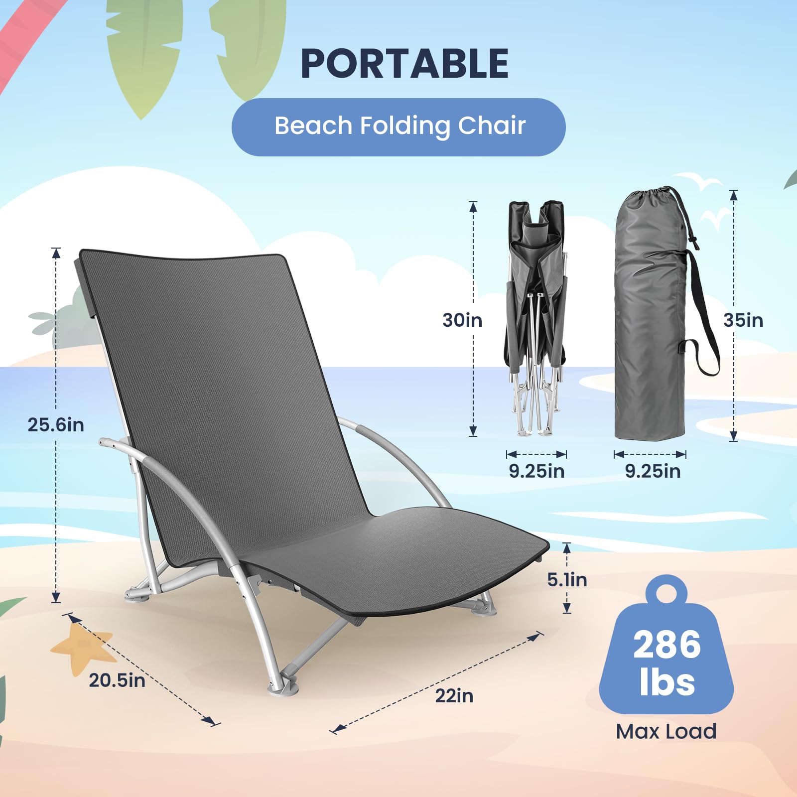 Paquete de 2 sillas de playa bajas, sillas de asiento bajas plegables compactas para adultos con respaldo de malla y bolsa de almacenamiento, silla resistente para arena al aire libre, viajes Paquete de 2 sillas de playa bajas, sillas de asiento bajas plegables compactas para adultos con respaldo de malla y bolsa de almacenamiento, silla resistente para arena al aire libre, viajes