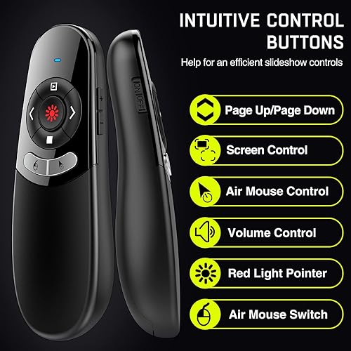 Vista 24 de Presentation Clicker puntero láser verde, recargable PowerPoint Clicker Wireless Presenter Remote, RF 2.4GHz USB Presentation Pointer Slide Advancer