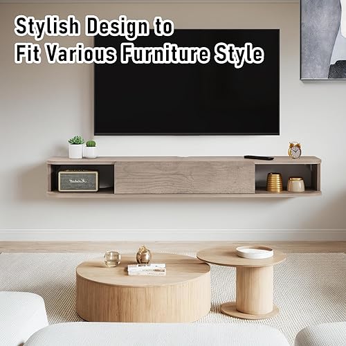 Miniatura 7 de Estante flotante para TV, armario de TV montado en la pared de 48 pulgadas, estantes flotantes con puerta, centro de consola multimedia de Roble