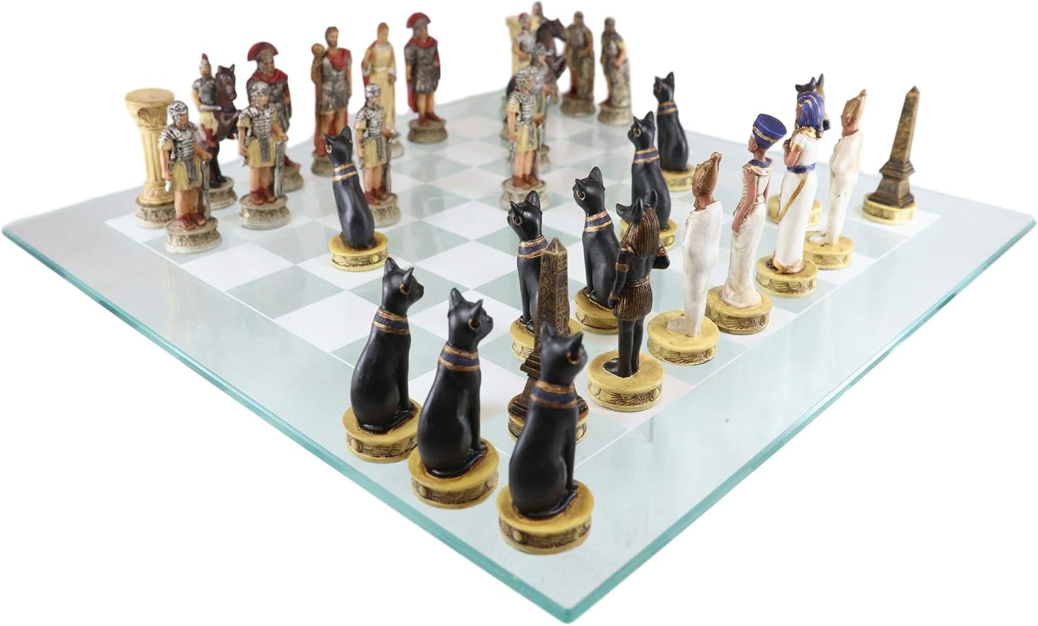 Ebros Gift Historical Themed Chess Set Egyptian Ptolemaic Pharaoh Army VS Augustus Caesar Roman Empire Centurions Resin Sculpted Chess Pieces with Checker Frosted Glass Board Gaming Set