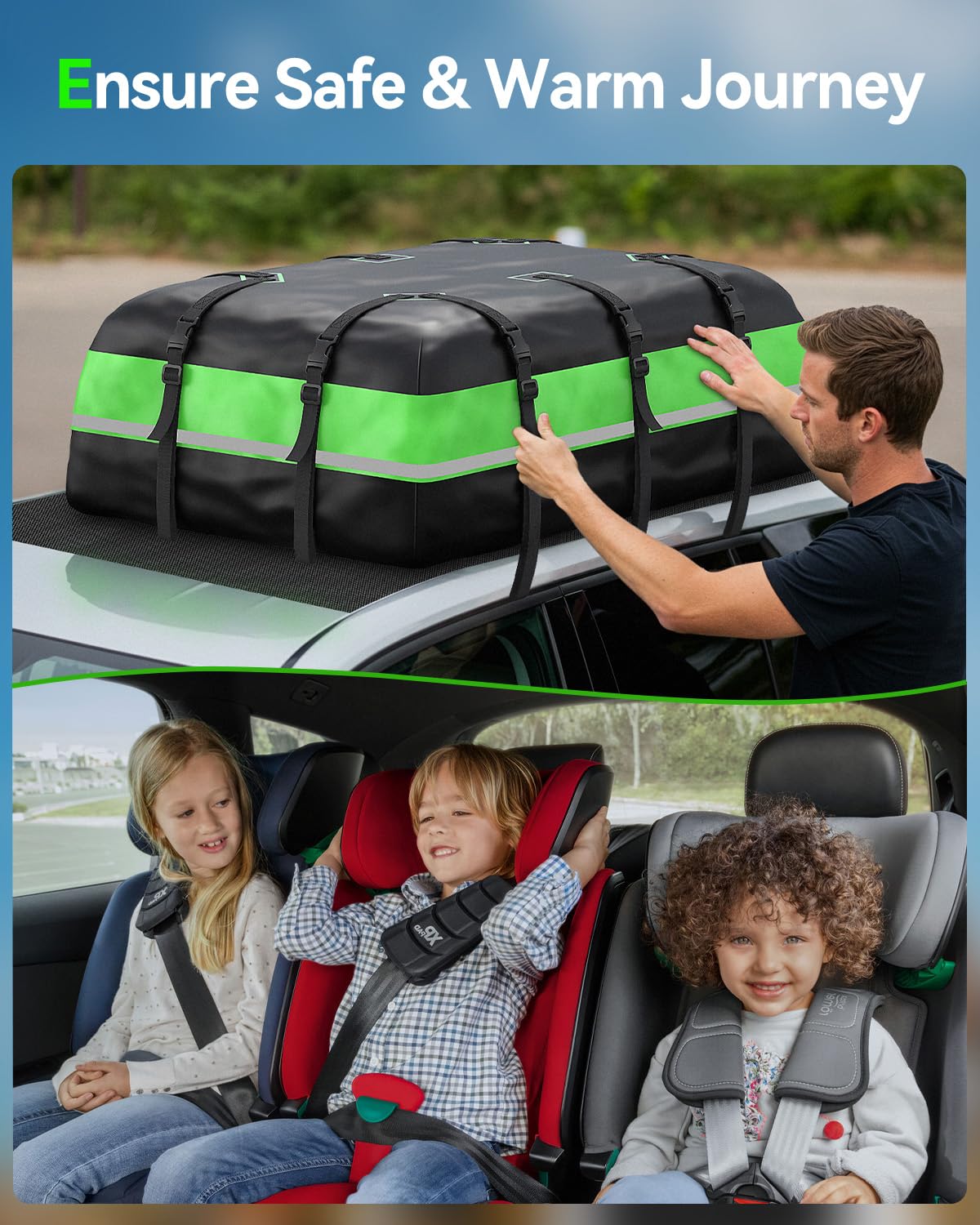 Coffre de Toit Voiture 595L – Sac de Rangement Imperméable 1000D Nylon – 6 Sangles Renforcées – Pliable & Léger – pour Week-Ends, Vacances et Road Trips