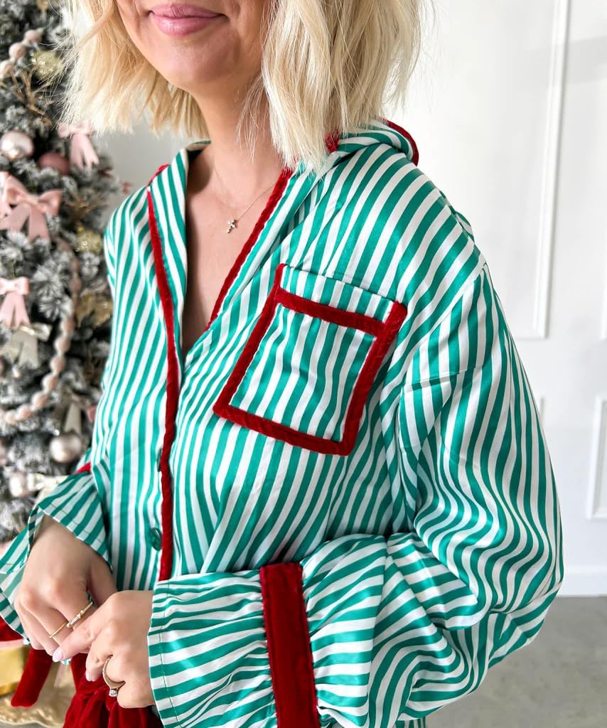 Faretumiya Cute Christmas Pajamas Women Bow Tie Long Sleeve Shirt Pants Pj Set Xmas Graphic Print 2 Piece Satin Sleepwear - Image 5