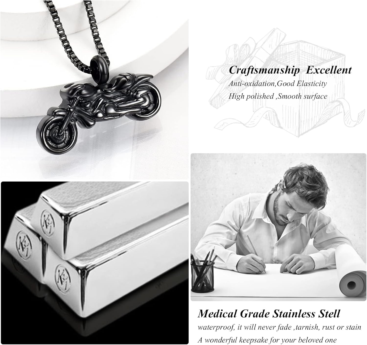 XSMZB Motorcycle Urn Necklace Cremation Jewelry for Ashes Motorbike Necklace Pendent Stainless Steel Keepsake Memorial Urn Necklace for Men Women - Image 4