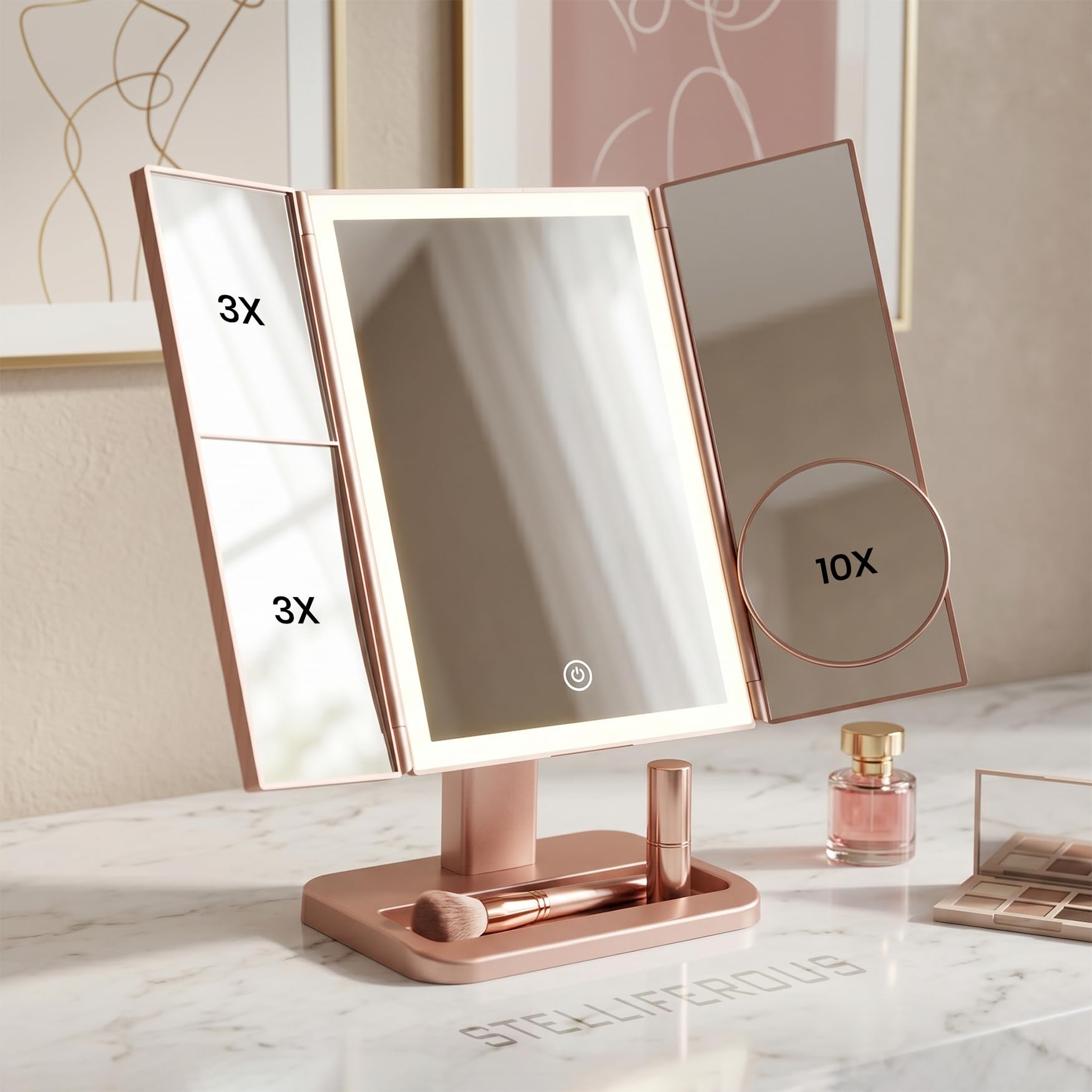 STELLIFEROUS 10x Trifold Makeup Mirror with Adjustable LED Lights | 2X, 3X, 10X Magnifying | Dual Power Options: Battery & USB Plug in | Magnifying Mirror for Home and Beauty Salon (Rose Gold)-picture-10