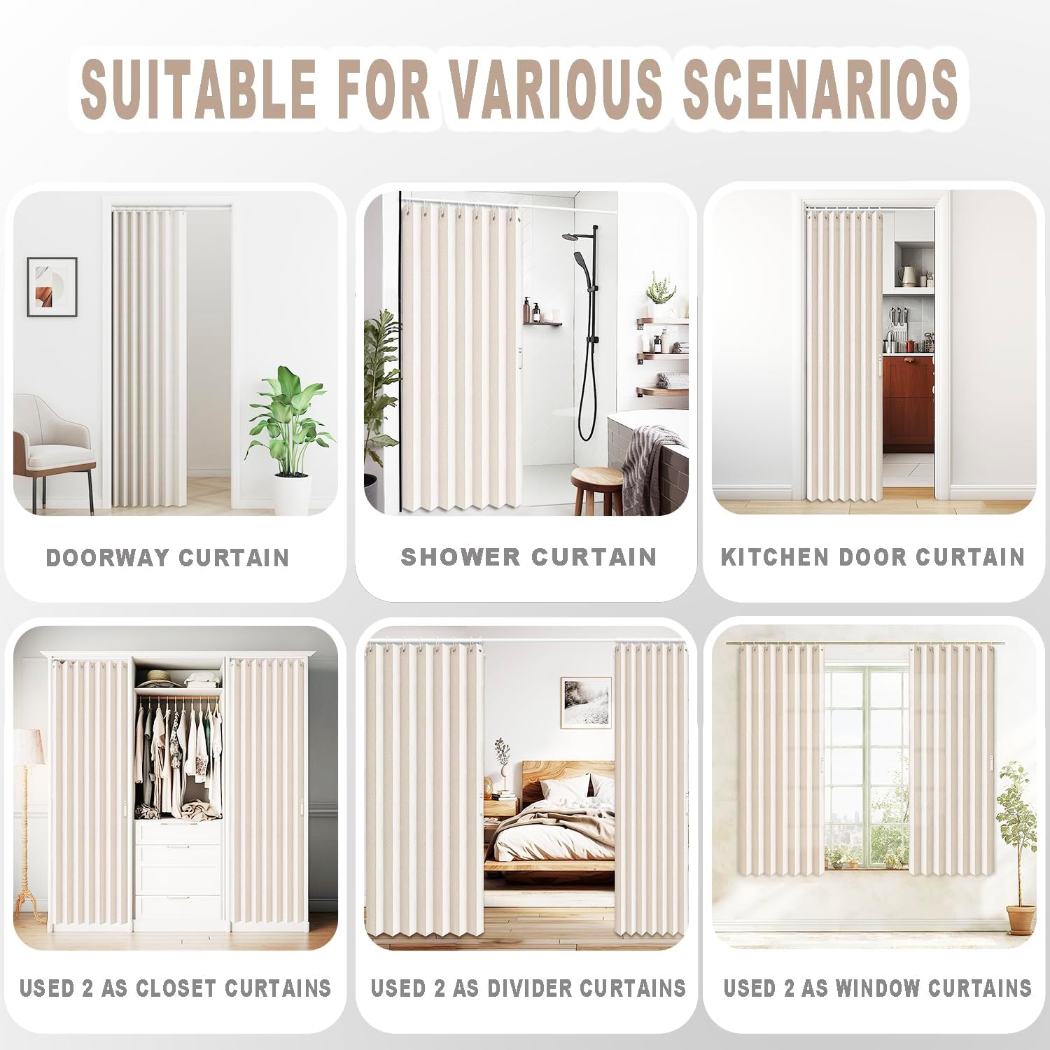 Vatge Accordion Style Door Curtains for Doorways - Laundry Room Curtains for Doorway, Folding Accordion Doors for Closets with No Door, 1 Panel with Tieback, W52 x L78, Beige