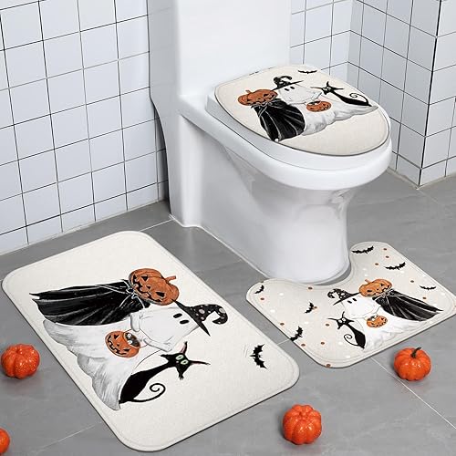 Miniatura 5 de Juego de 4 cortinas de ducha fantasma de Halloween de 72 pulgadas, juego de decoración de baño de Halloween con 12 ganchos, alfombra antideslizante,