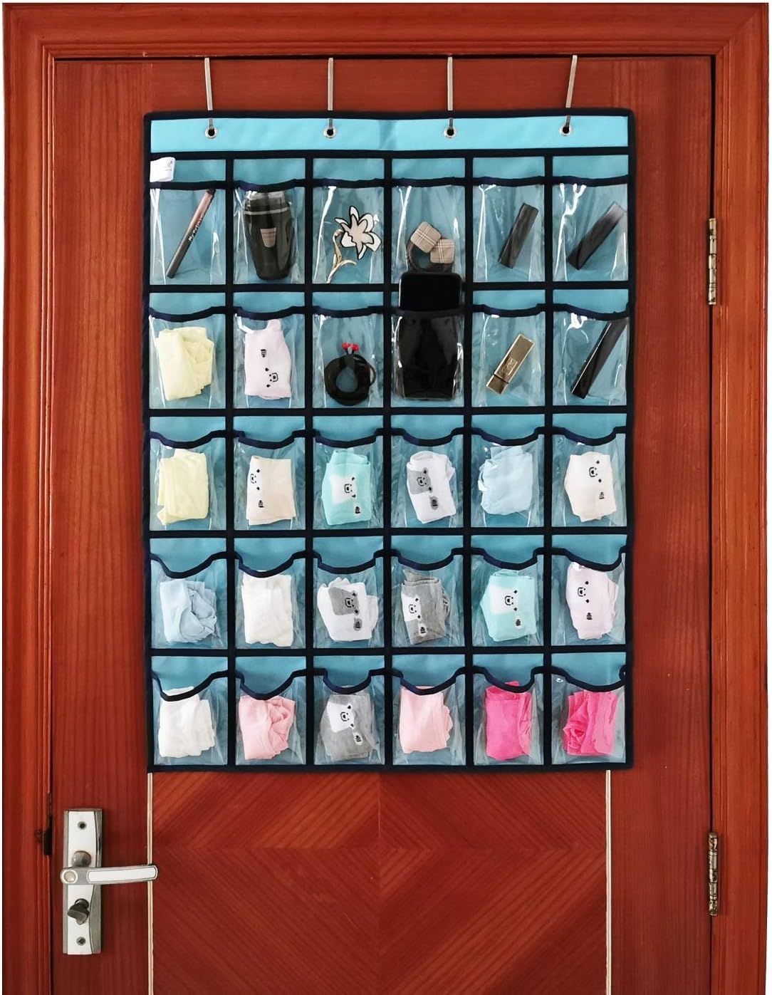 ANIZER Classroom Pocket Chart for Phone Calculator Holder Over The Door Hanging Closet Jewelry Organizer with 30 Clear Pockets (Blue)