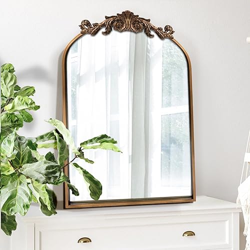 Miniatura 2 de WAMIRRO Espejo antiguo, espejo barroco adornado vintage tradicional dorado, espejo de latón arqueado, espejos montados en la pared para entrada,