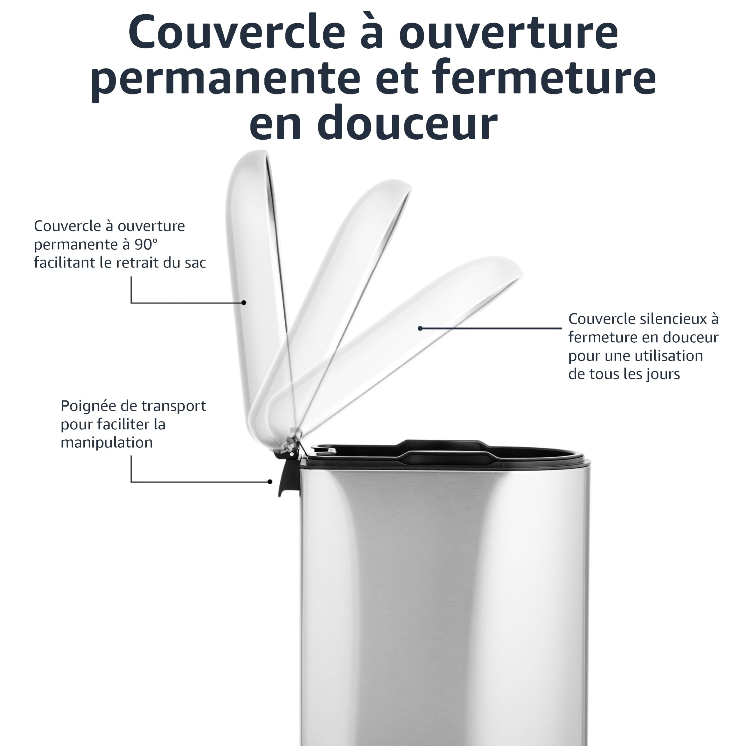 Amazon Basics Poubelle en forme de D antitache à pédale, fermeture en douceur, pour salle de bain, chambre ou salon, forme fine pour espace étroit, 10 l, acier inoxydable brossé