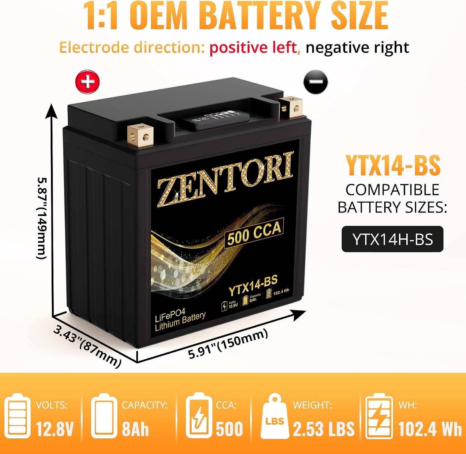 YTX14-BS/YTX14H/GYZ16H High Performance Lithium LiFePO4 Motorcycle Battery,500CCA,12V 8Ah,Fits for ATV,UTV,Jet Ski,Snowmobile,Quad,Tractor,Riding Lawn Mower,Polaris Battery