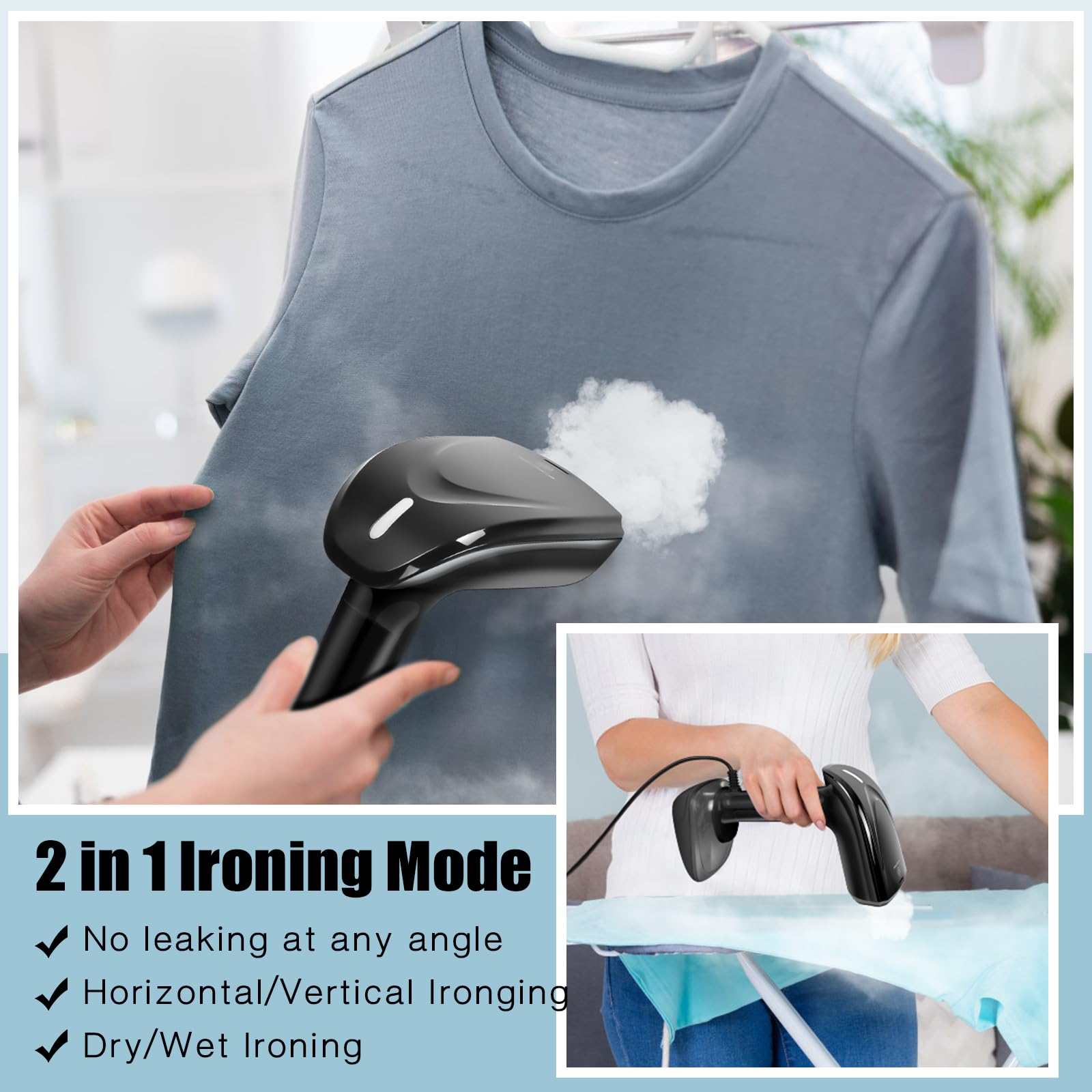 Vaporizador de ropa - 1800W con placa calefactora de cerámica rápida, vapor 25G/min, plancha de vapor 2 en 1, con tanque de 300 ml, cepillo de vapor y guante de planchado para oficina, hogar