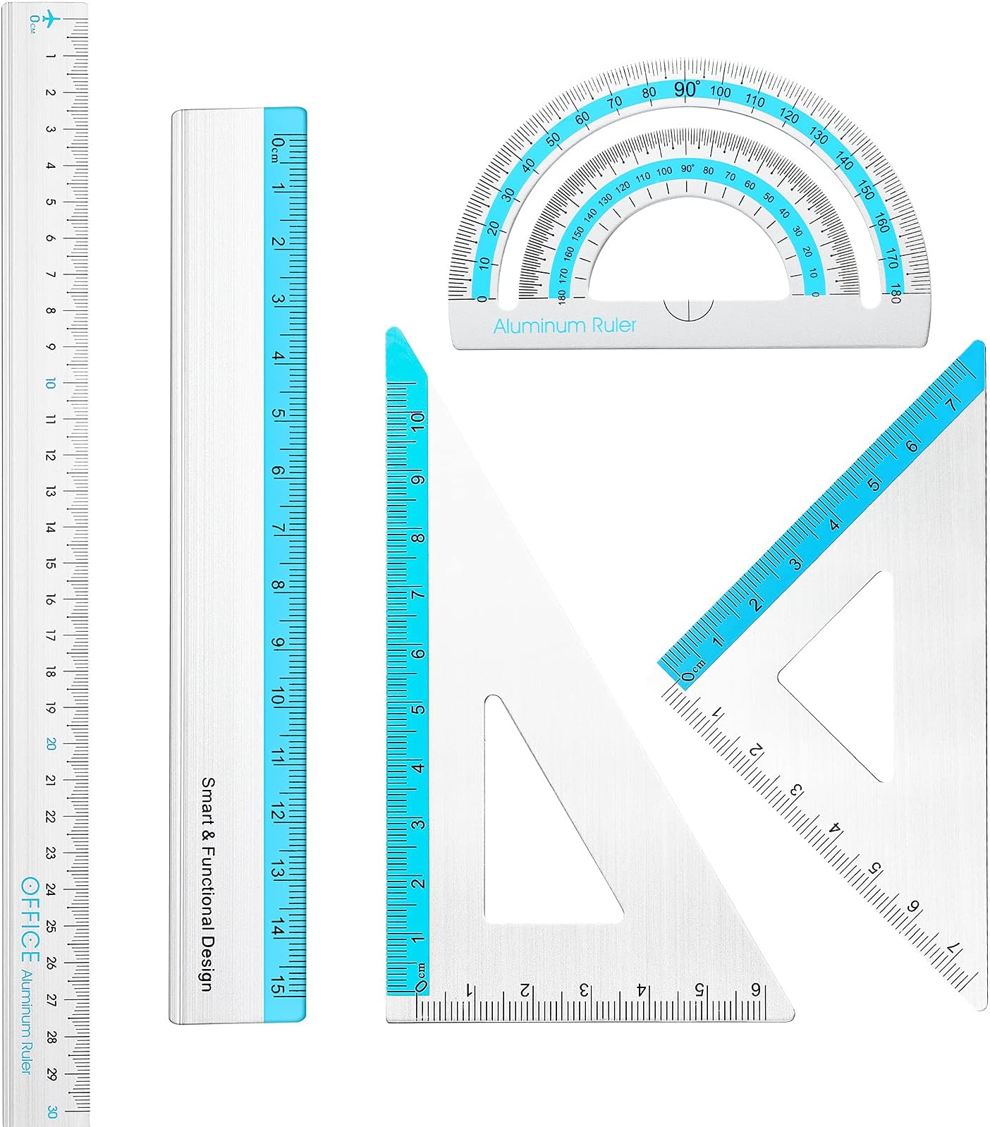 5 Pcs Aluminum Ruler Set Back to School Supplies Metal Protractor Triangular Straight Ruler 15 cm 30 cm Scale Math Set for Student Architect Engineer Office School