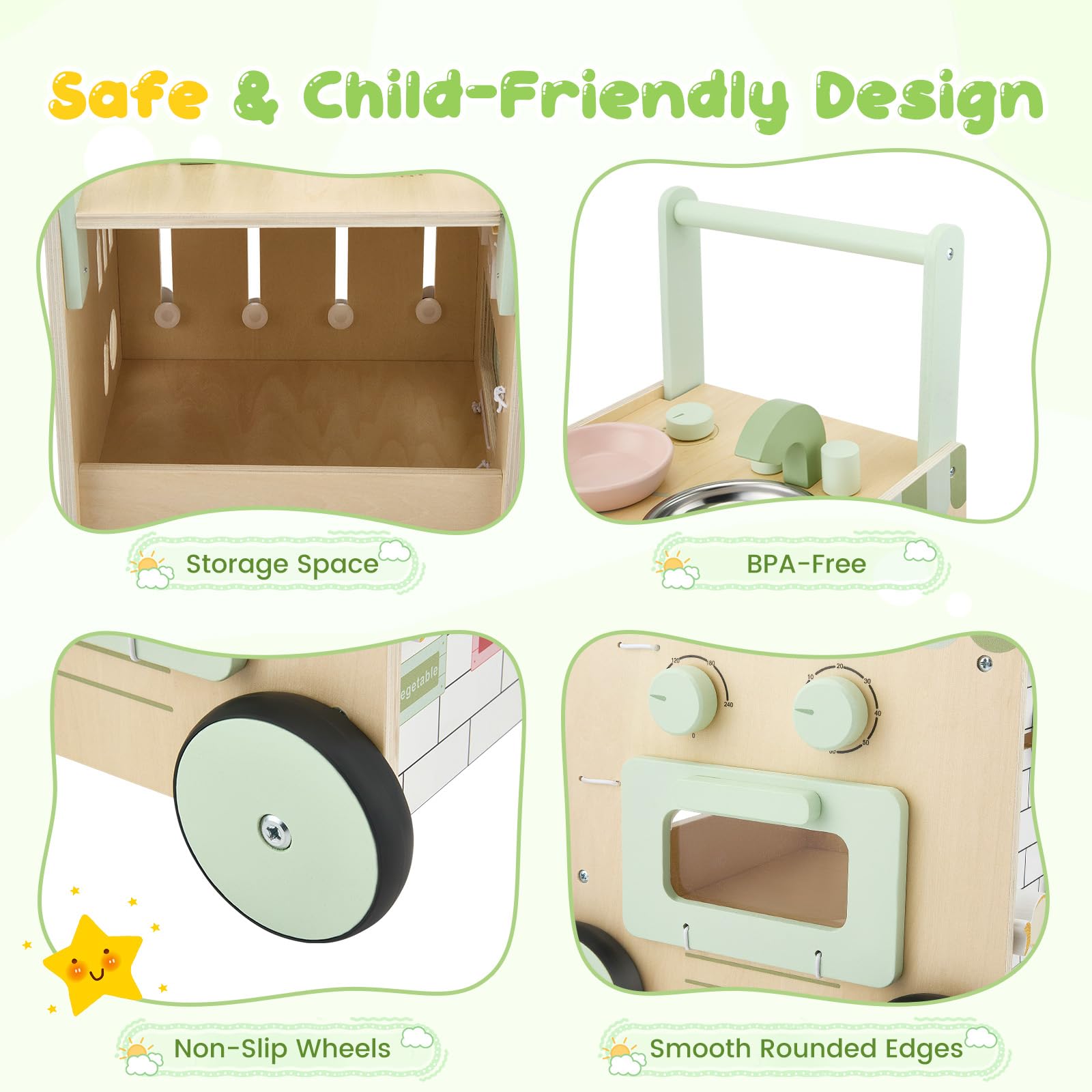 Andador Bebes, Andador Madera Bebé Desde 12 meses - con Centro de Actividades (Utensilio de Cocina, Pista de Laberinto de Frutas) Baby Walker Regalo ideal para niños y niñas de 1 a 3 años