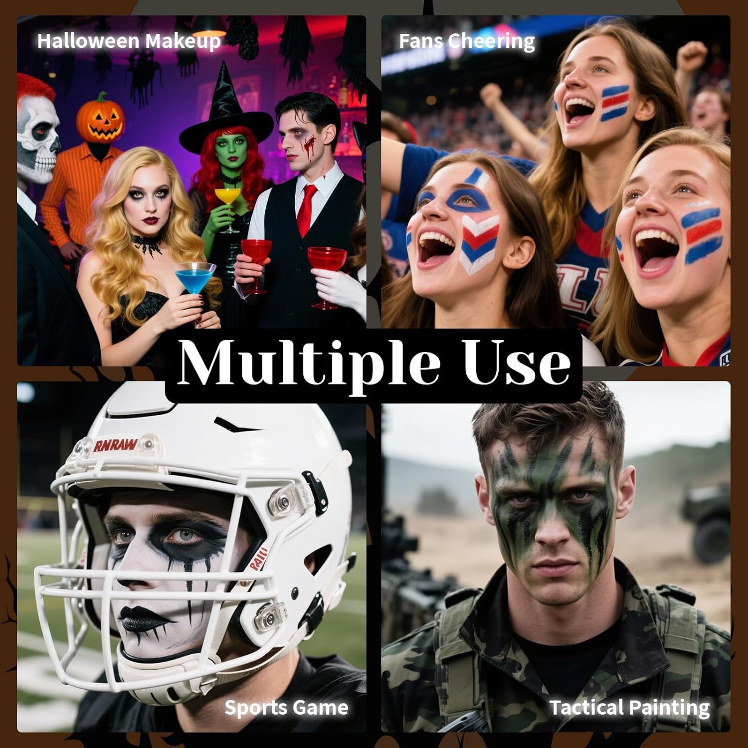 Black White Ogre Green Face Body Paint Stick Set with Translucent Setting Powder and Sponges, Professional Full Coverage Face Painting for Adults Halloween Cosplay SFX Skull Witch Hulk Makeup - Image 6