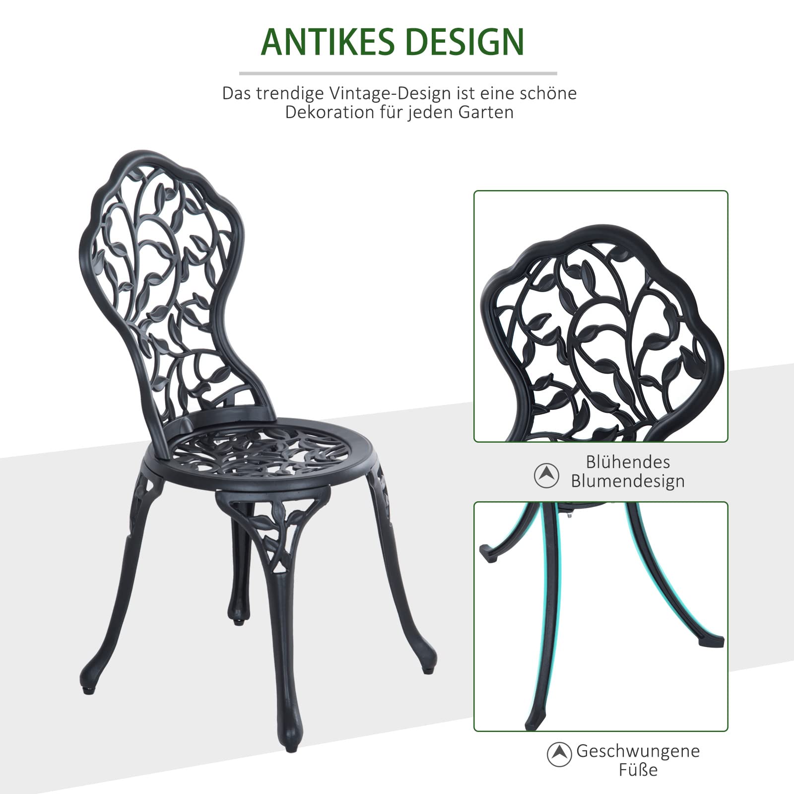 Outsunny Bistroset 3-TLG. Balkonset Aluminiumguss Gartenmöbel Schwarz | Balkonmöbel Set, Bistrotisch mit 2 Stühlen