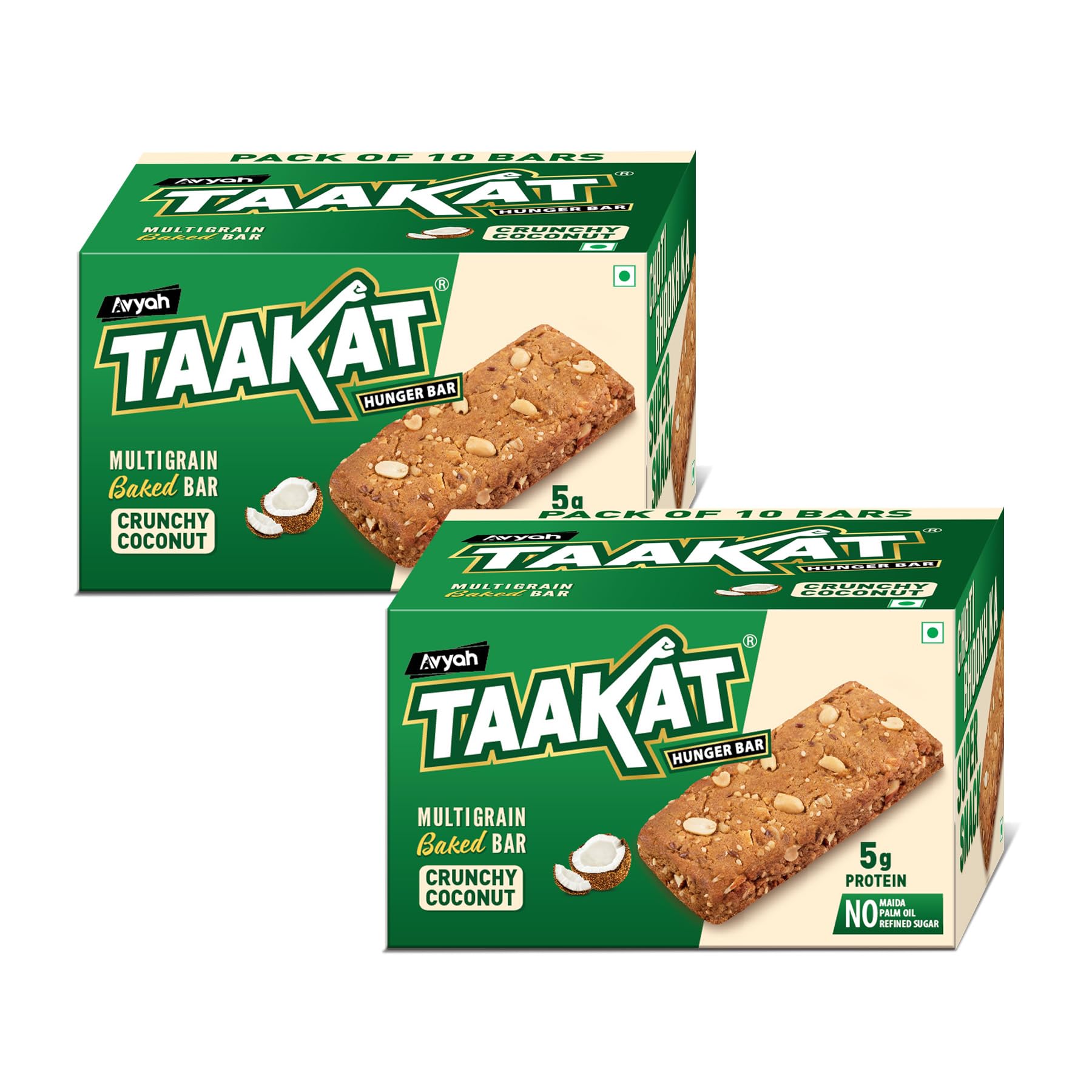 Taakat Hunger Bar Crunchy Coconut : Pack of 10 X 2 | 5g Protein | Multigrain Baked Bar| NO - Maida, Palm Oil and Refined Sugar