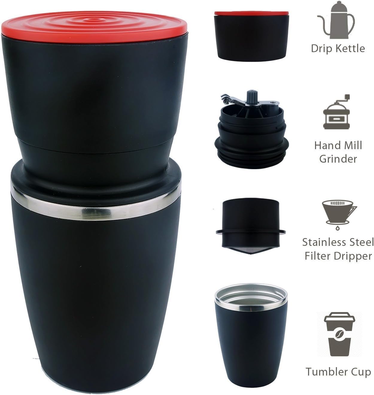 All in One, Ultra Portable Manual Coffee Grinder and Portable Coffee Brewer with Vacuum Sealed Tumbler Cup (Black)