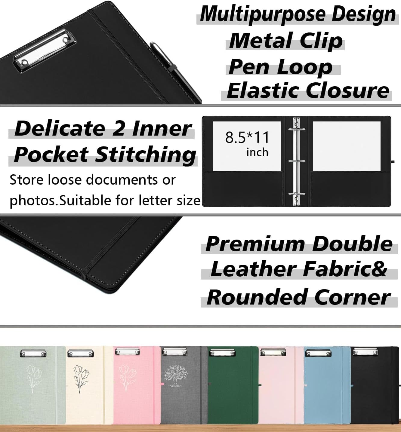 Leather 3 Ring Binder, 2 Inch Binders with Clipboards, 5-Tabs Pockets Dividers, 18 Divider Stikers, Plastic Folder, Pen Holder, Three Ring Binder with Pen Holder(Black, Letter Size)