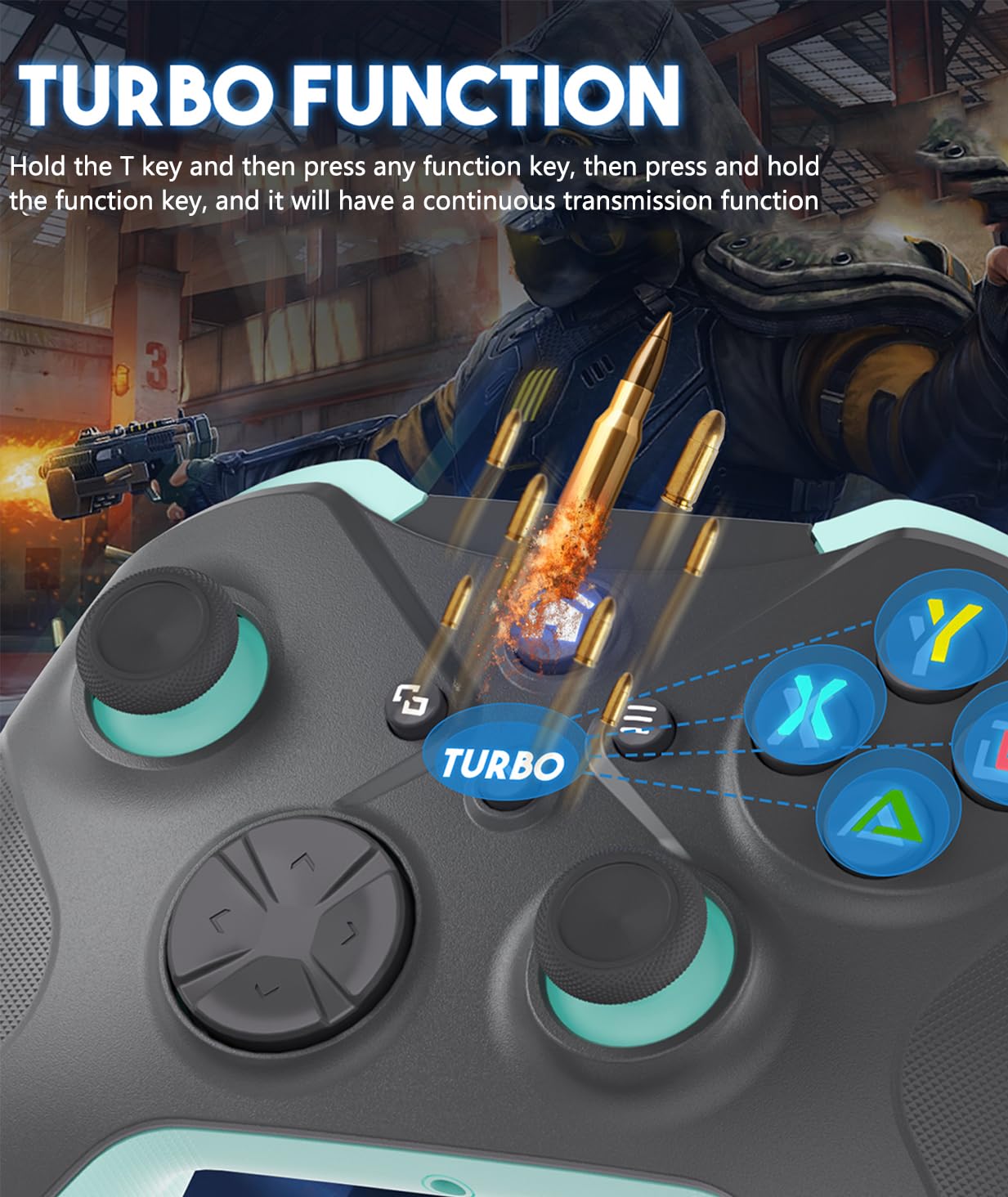 Dinosoo Wireless Controller showing TURBO function activation