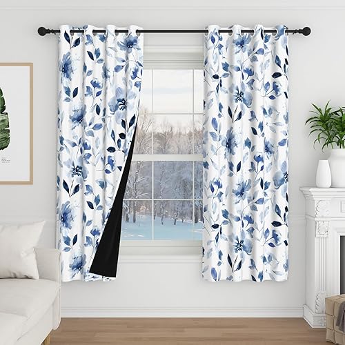 Miniatura 17 de Juego de 2 paneles de cortinas opacas florales azules de 84 pulgadas de largo, con aislamiento térmico insonorizado, con ojales, para oscurecer la
