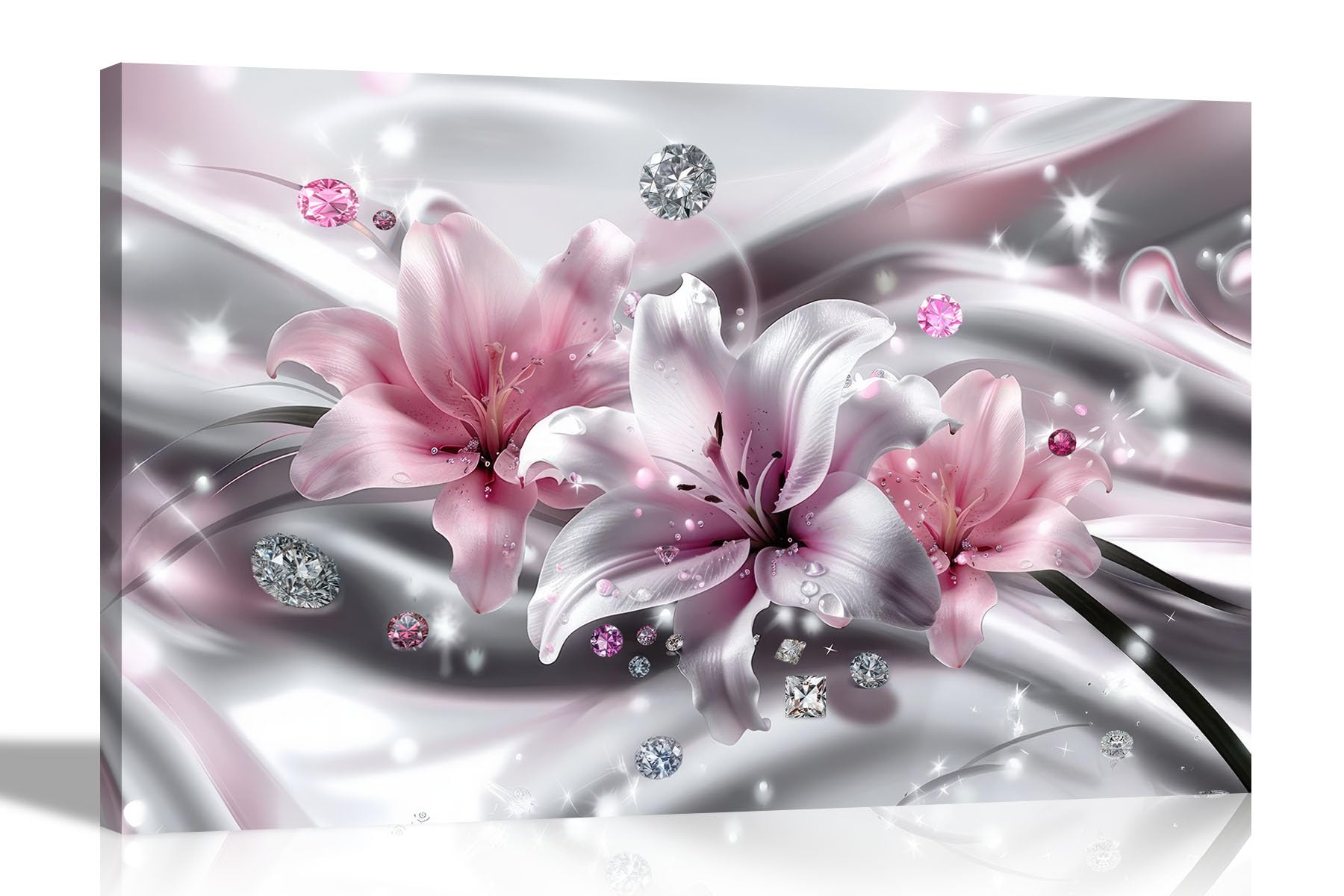 Artley Prints - Abdstract Pink Silver Lily Flowers Canvas Wall Art For Living Room, Bedroom, Hallway Prints Décor Ready to Hang 40 x 30cm (16 x 12 inches) A3