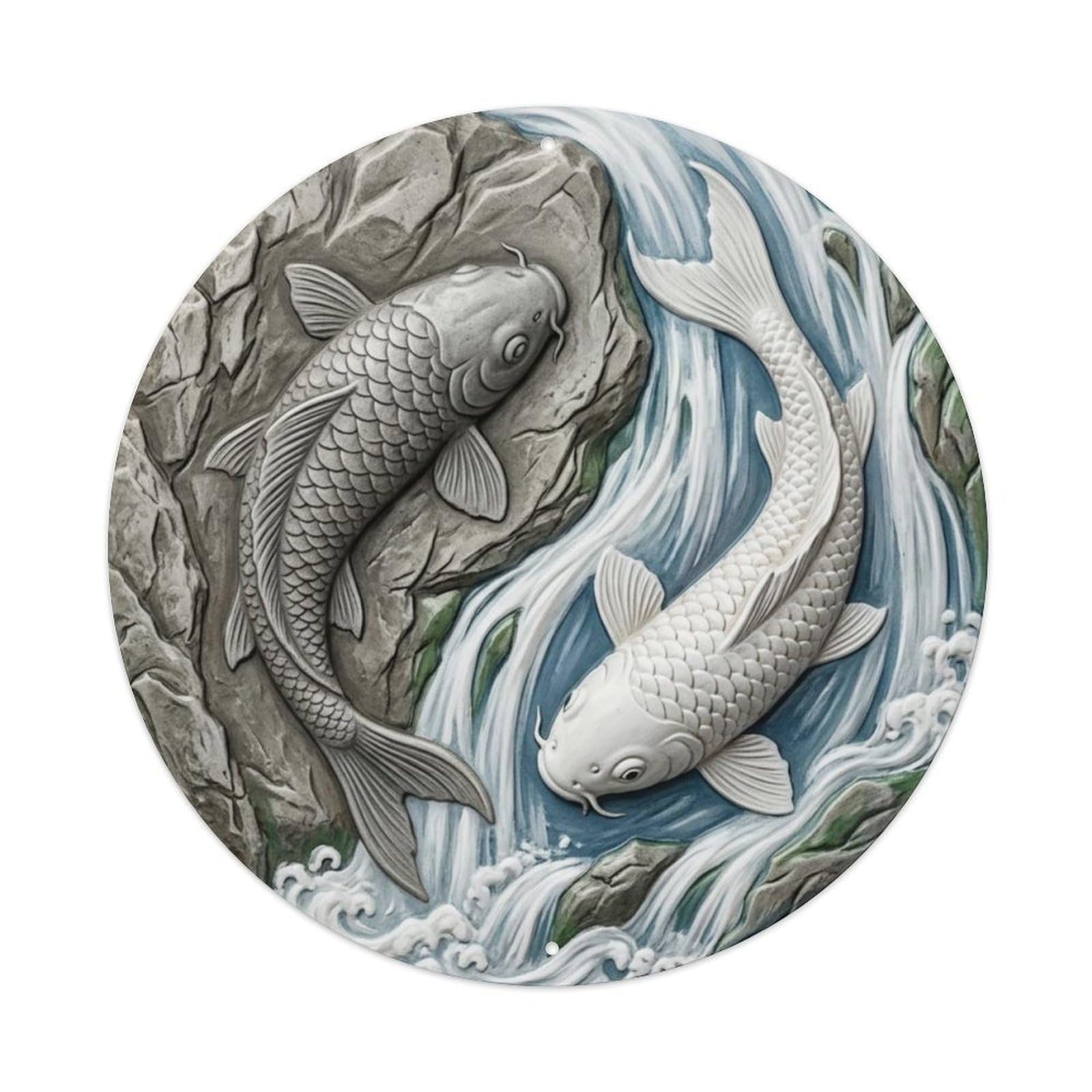 Fqcyn Style Cliff Waterfall Descent Koi Yin Yang Metal Tin Sign Plaque Wall Decor For Cafe, Club Bar, Office, Home Garden Round Metal Poster 8X8inch