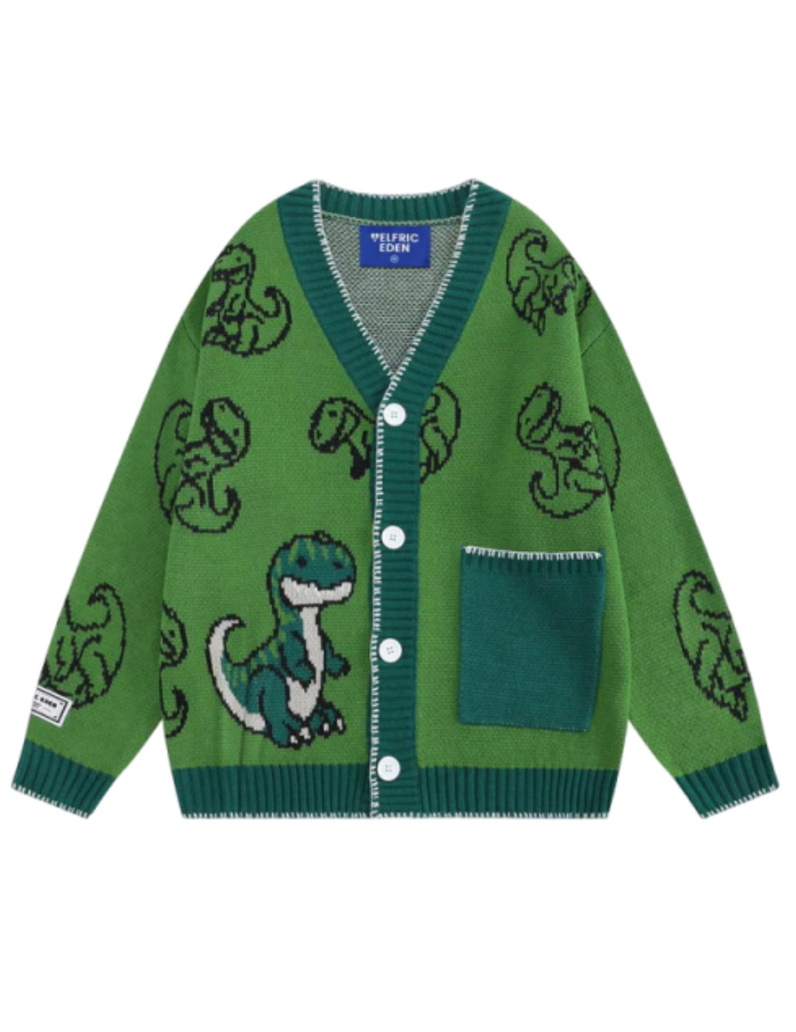 Aelfric Eden Cardigan Sweater Open Front Knit Cardigans Hand Drawn Dinasour Graphic Color Blocking Sweaters Y2k Outfits