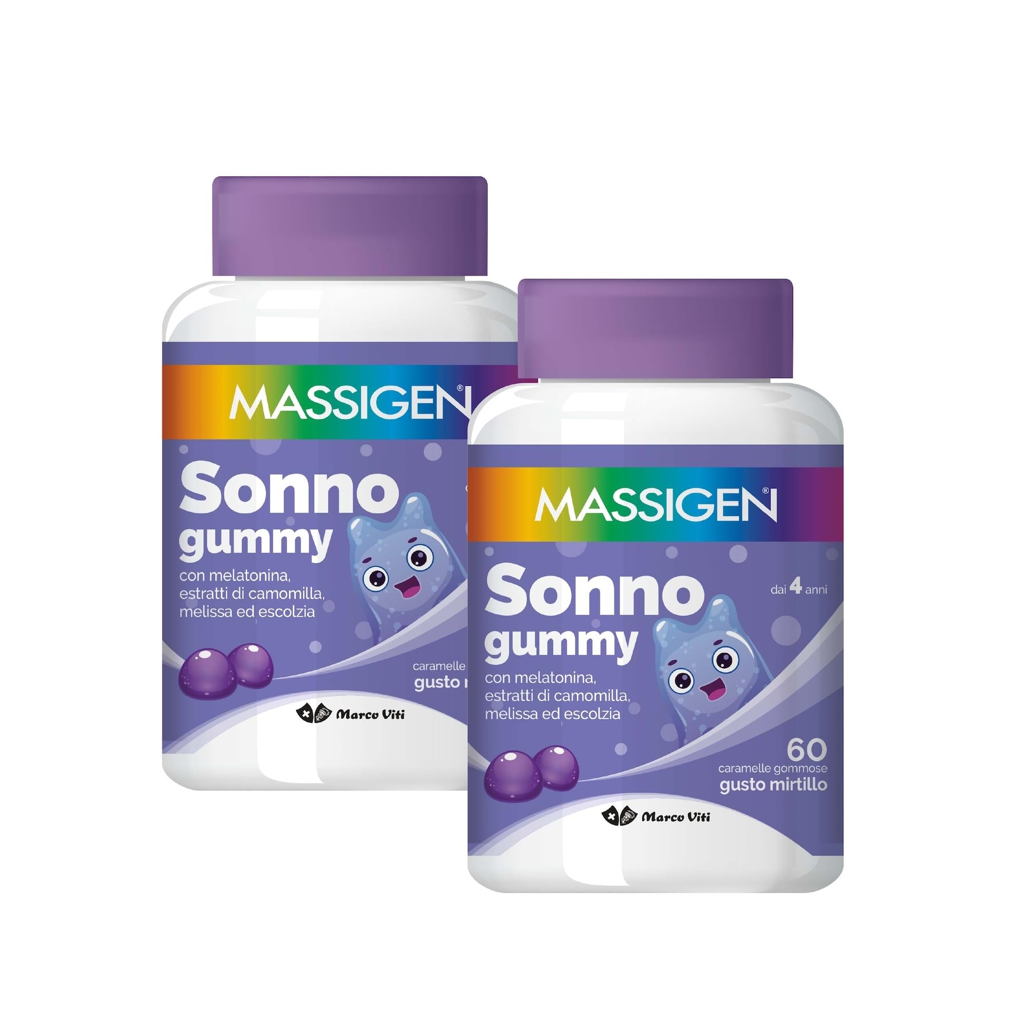 Massigen - Sonno Gummy, Integratore Alimentare con Melatonina e Estratti Naturali, Due Confezioni 60 Caramelle da 3,3 g, Vitamine Gommose, Gusto Mirtillo, Per Rilassamento e Sonno