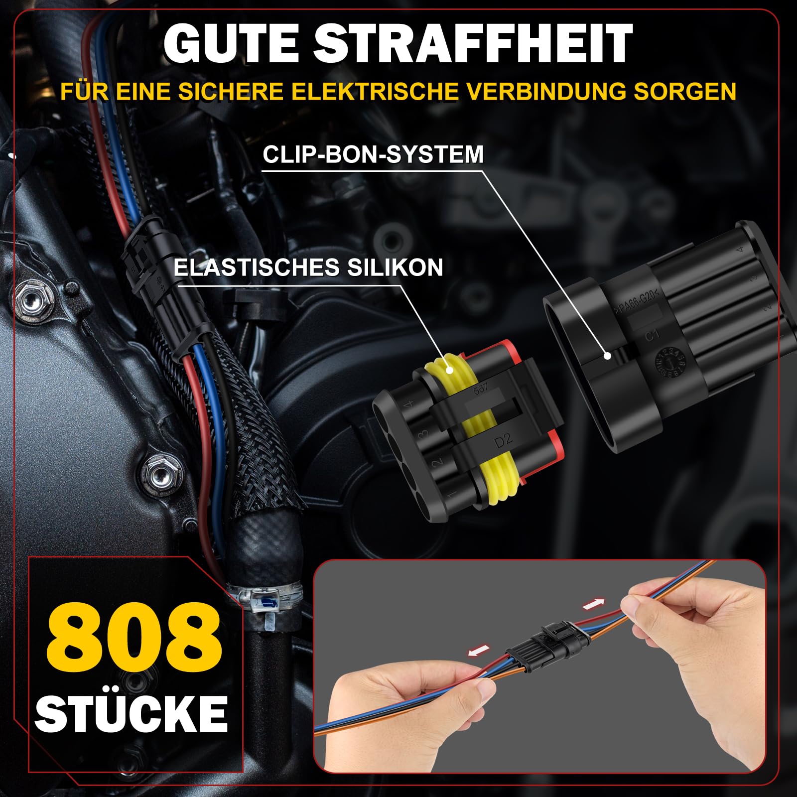 moveland kfz Stecker 808PCS - Schnell kfz Steckverbinder Wasserdicht 1/2/3/4/5/6 Polig - Dicht Stecker kfz für Auto, LKW, Boot, Motorrad(Anwendbarer Kabeldurchmesser: 1.5mm², 300V, 12A)