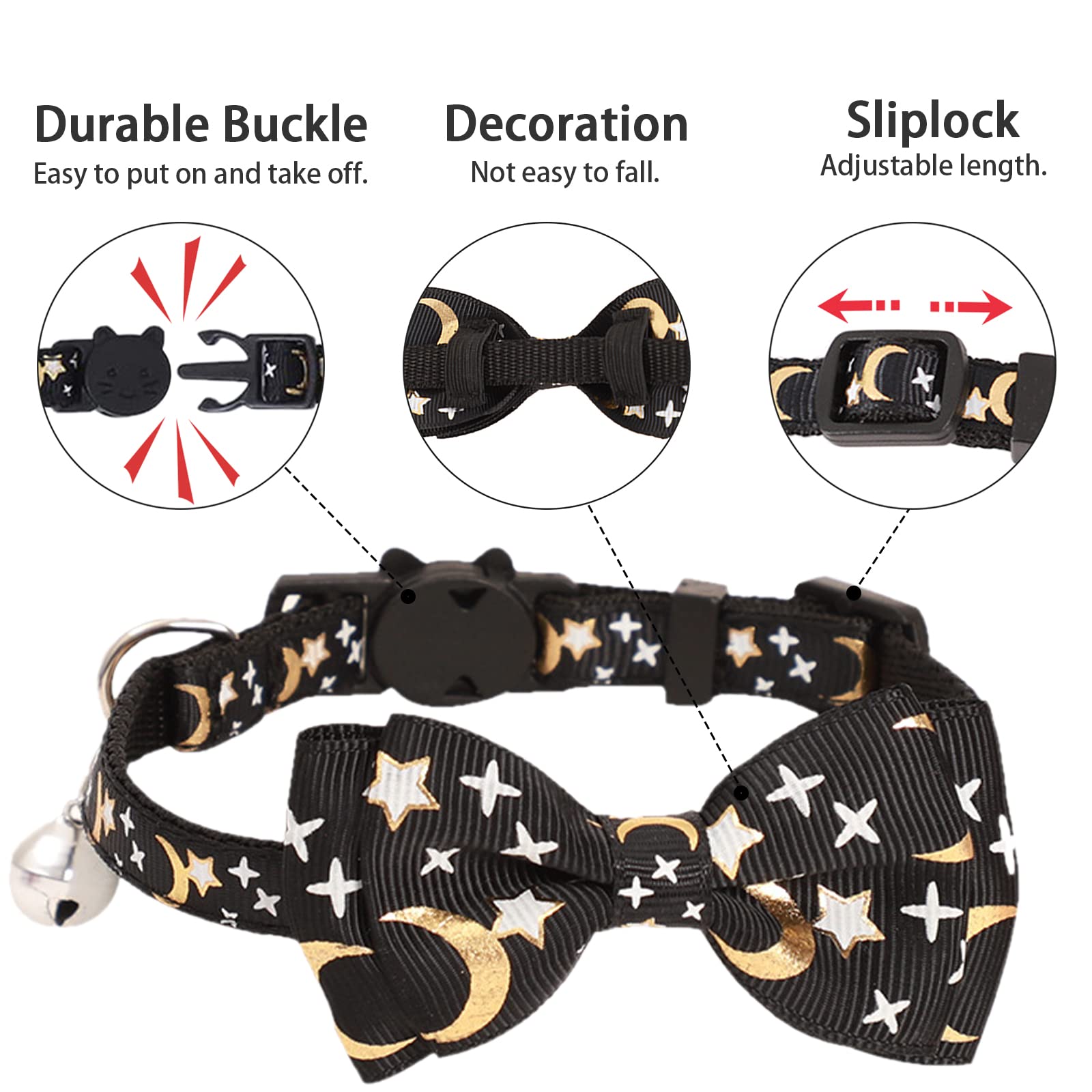 CAMAL Personalized Cat Collar with Stainless Steel Pet Id Tag & Cute Bow Tie, Moons & Stars Pattern Breakaway Cat Collar with Bell for Cat Puppy, Adjustable Kitten Collar 7.4