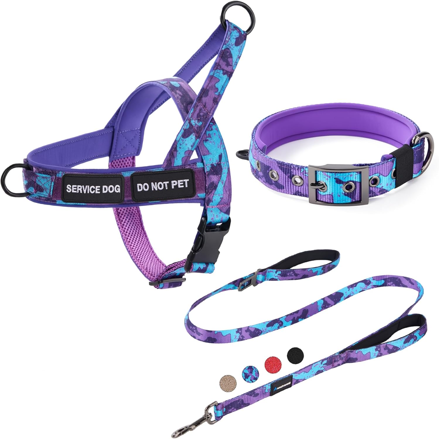 Annchwool No Pull Dog Harness,Heavy Duty Collar & Leash Set-Leash with Double Handle & Car Seatbelt Clip-Easy Control for Walking Training Medium Large Size Dogs(Camo Purple,XL)