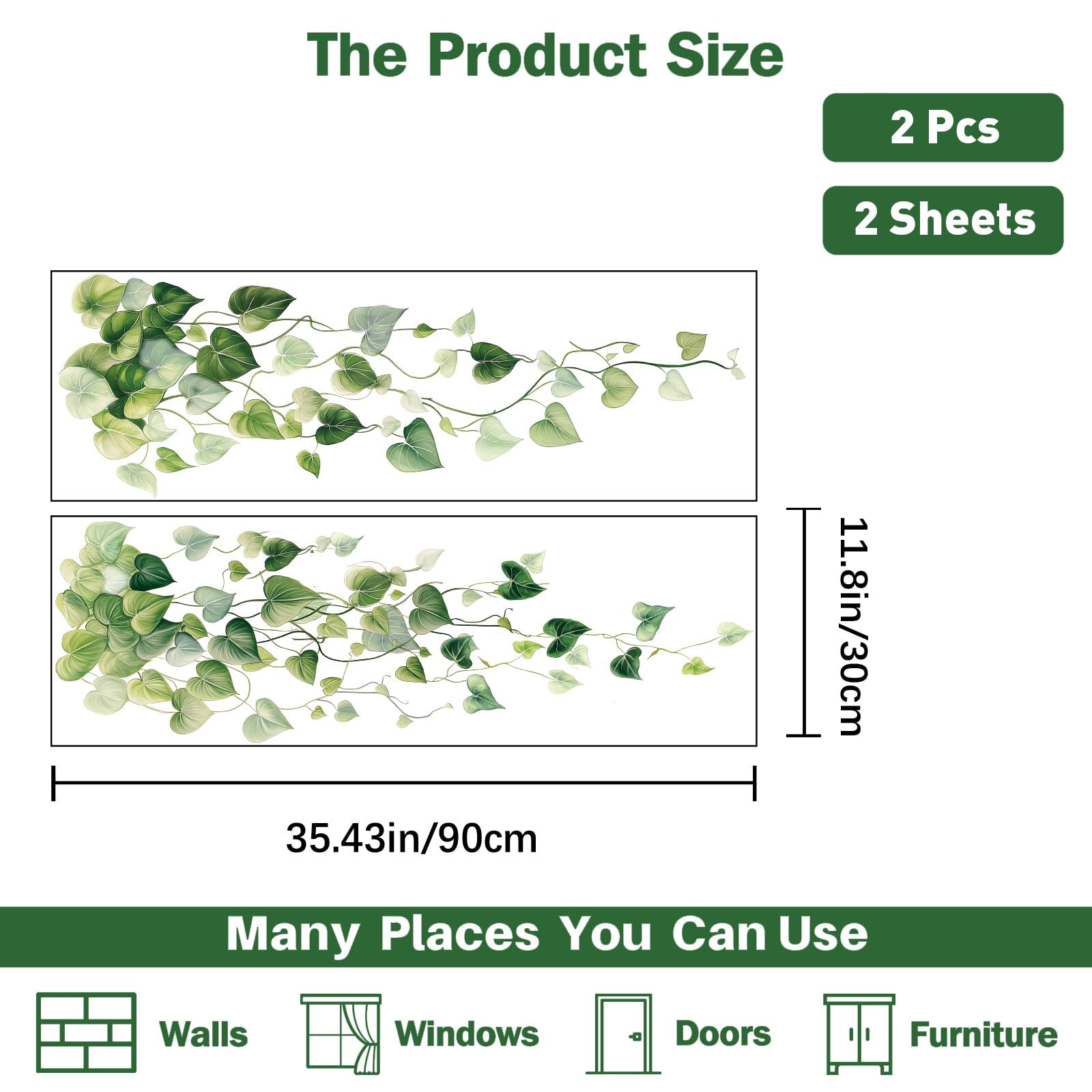 PLIGREAT 2 Sheets Green Vine Wall Stickers Ivy Leaves Wall Art Murals Peel and Stick Wall Decal for Kitchen Living Room Bedroom Office Home Decor DIY Large Size Hanging Vine Stickers - Image 4