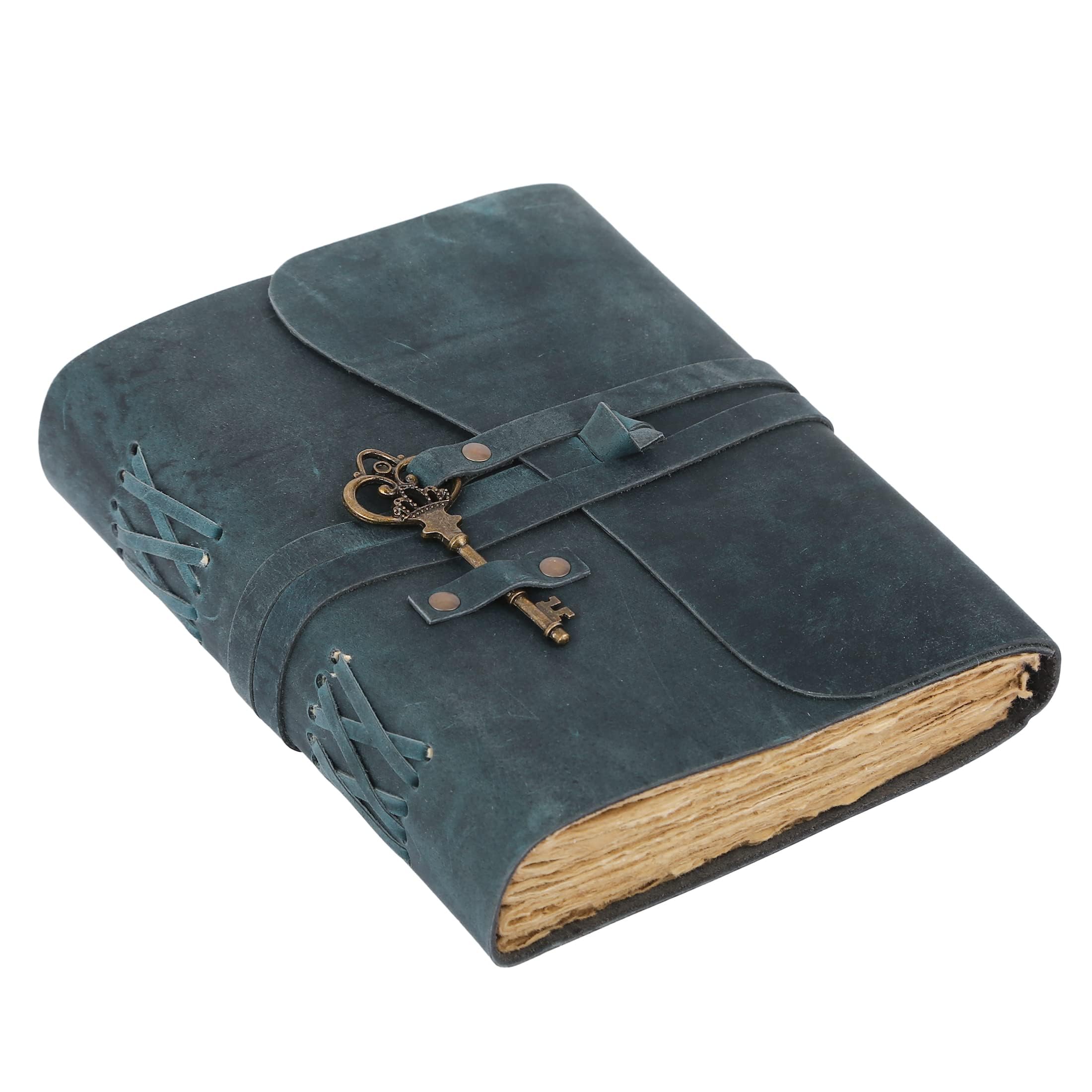 Leather Journal with Deckle Edge Paper 8x6 inch and Vintage Key | Handmade Writing Notebook Diary | Bound Daily Notepad for Men & Women Medium, Sketch