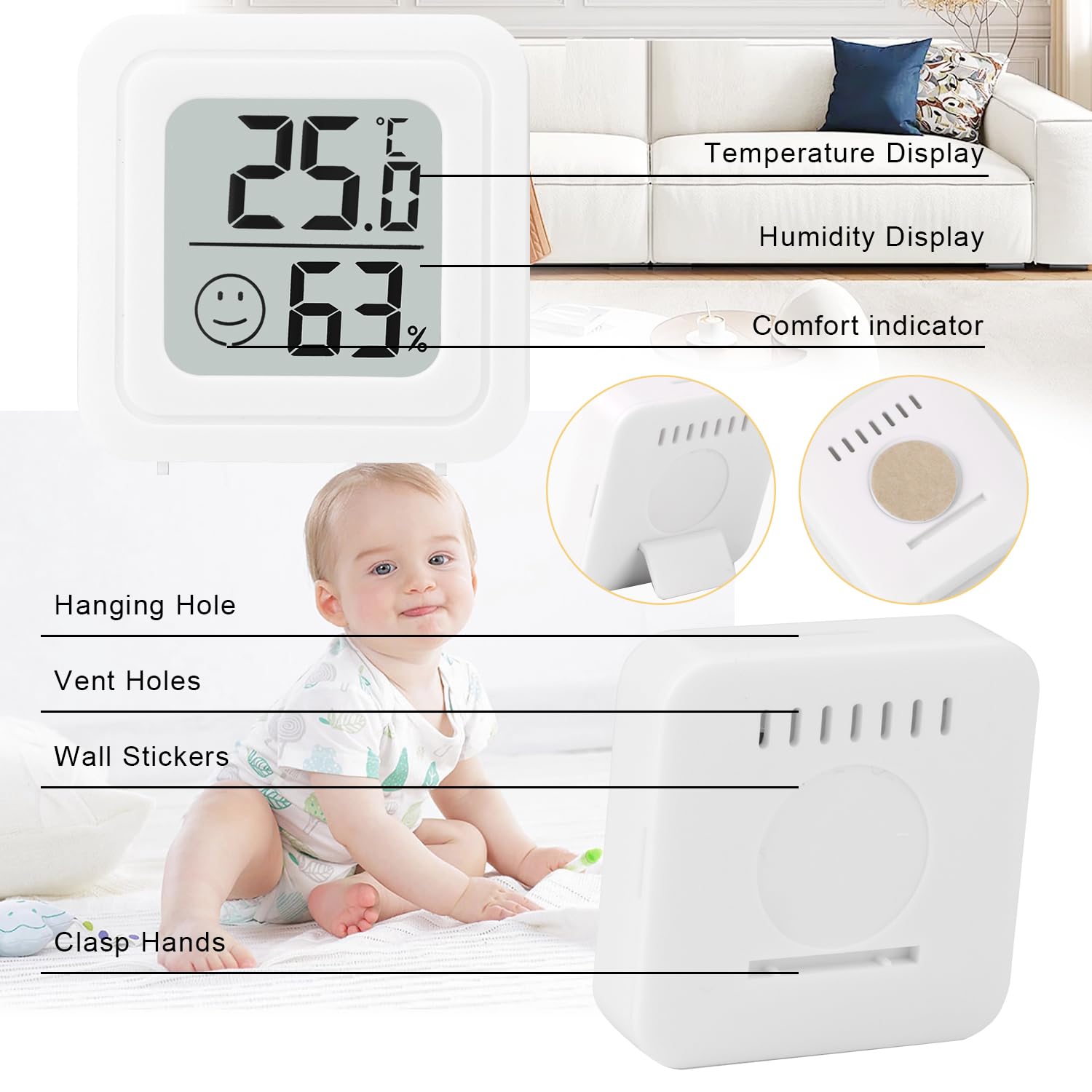 Mini Higrómetro Termómetro Interior 4 Pcs Higrometro Termómetro Digital Casa Pantalla LED con Logo de Confort para Termometro Ambiental para Hogar Oficina Dormitorio Jardín