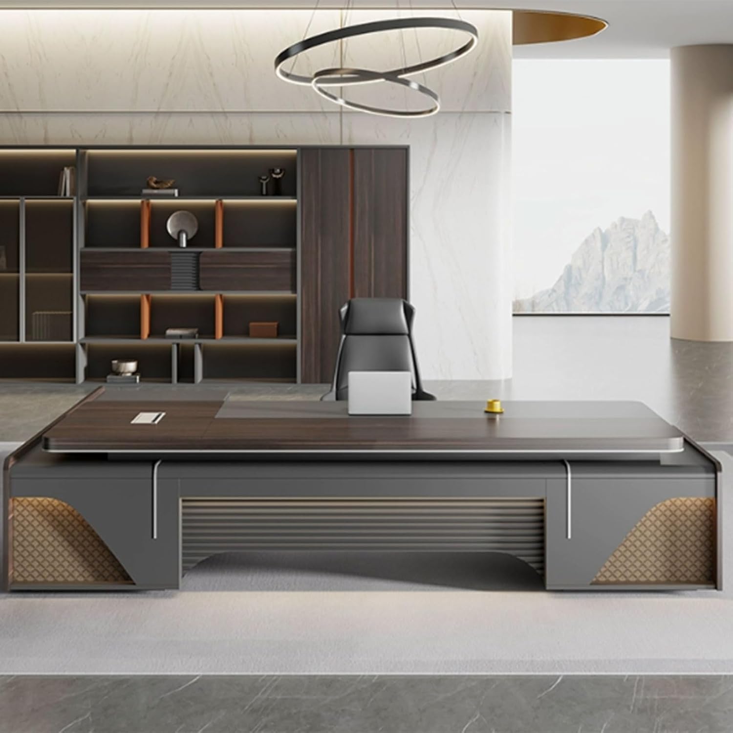 Modern Large Executive Office Desk, Wood Computer Desk with Storage Cabinet, Writing Gaming Table for Study, Work, Gaming