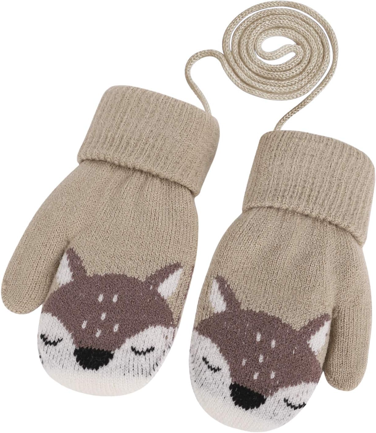 FakeFace Toddler Kids Mittens with String Winter Warm Stretch Knit Full Finger Children Snow Gloves Ski Gloves Fleece Lined