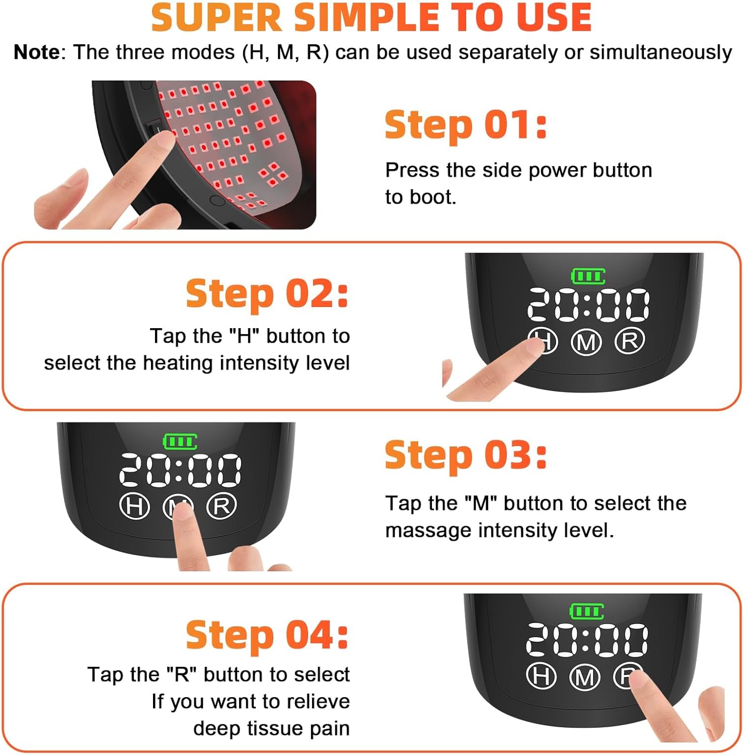 Step-by-step guide on how to use the Generic KM-01 Knee Massager, showing pressing the power button, selecting heating intensity, selecting massage intensity, and activating red light therapy.