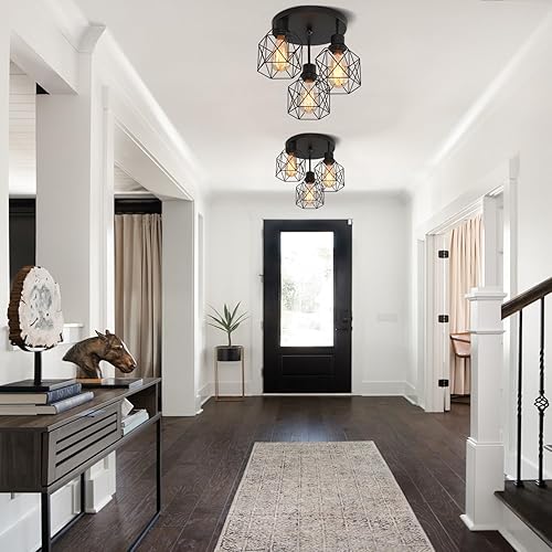 Miniatura 8 de Lámpara de techo industrial de 3 luces, lámpara de techo de jaula de hierro, 3 lámparas cerca del techo, lámpara moderna para dormitorio, entrada,