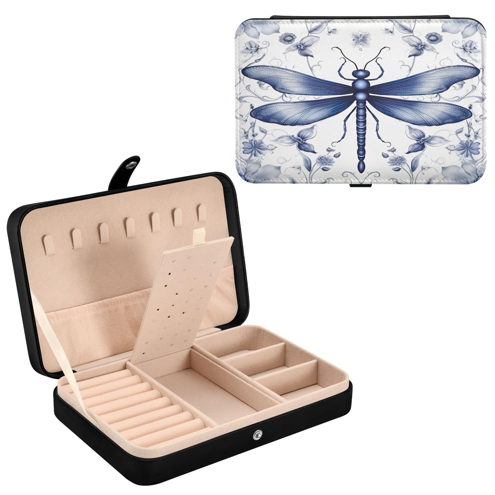 Haskirky Indigo Dragonfly Jewelry Box Portable PU Leather Travel Jewelry Organize for Women Jewelry Storage Display Holder for Ring, Necklace, Earring
