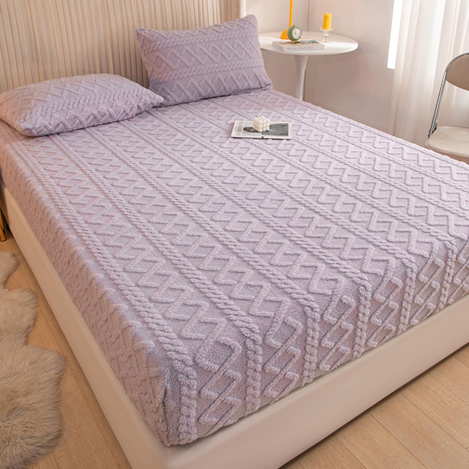 Velvet Thicken Fitted Sheet Queen Size Winter Mattress Protector Warm Mattress Pad Cover Soft Bed Cover 12'' Deep Pocket Mattress Topper Bedroom Machine Washable,Purple,Pillowcase*2