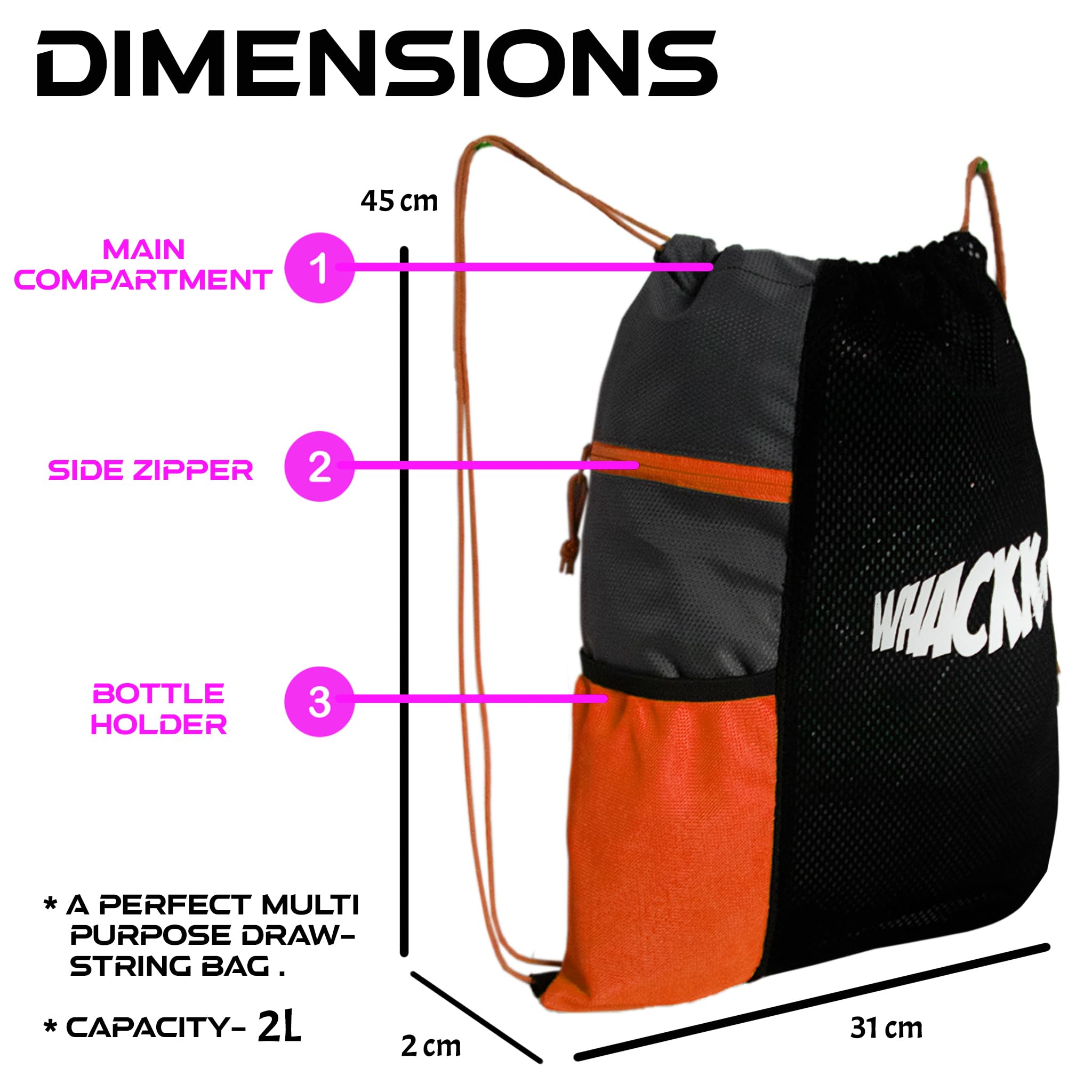 Whackk Joss 9L | Bolsa deportiva | Bolsas para equipo de natación | Bolsas de netball | Bolsas secas | Bolsa con cordón para zapatos y ropa | Equipo deportivo | Bolsillo para accesorios | Bolsa de