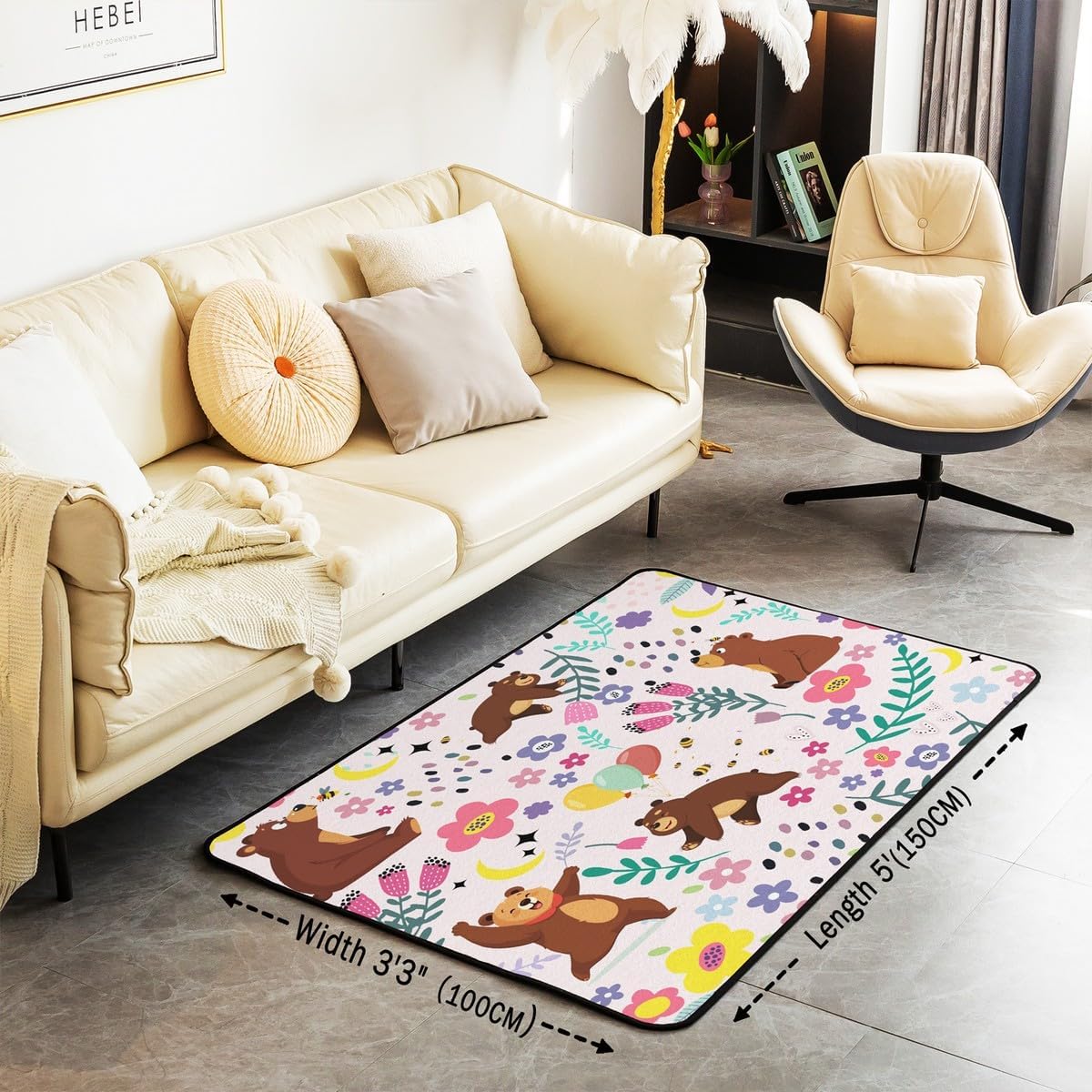 Erosebridal Kids Cartoon Bear Area Rug 3x5 for Girls Playroom Rug for Living Rooms Farm Style Bear Flower Area Rugs Farmhouse Pink Cute Animal Indoor Floor Mat Non Shedding