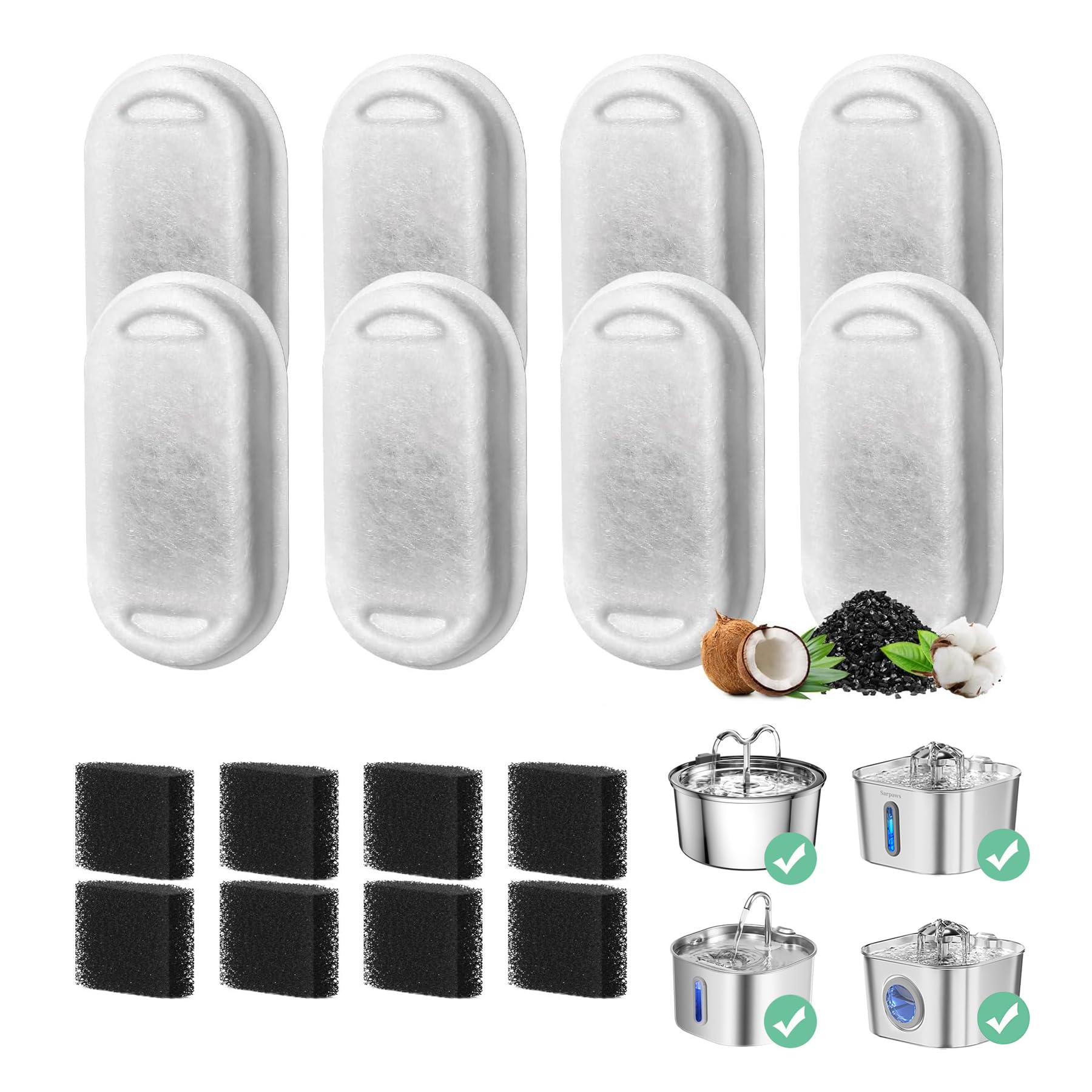 Cat Water Fountain Filter, 8 Pack Cat Fountain Filter Replacement for 108oz/3.2L & 74oz/2.2L Stainless Steel cat Water Dispenser, Pet Fountain Filters Replacement