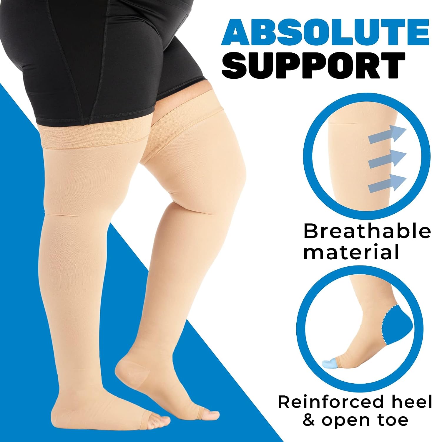 Plus Size Compression Thigh High for Men and Women 20-30mmHg - Opaque Toeless Graduated Compression Thigh High for Pregnancy, Nursing, Travel, Sports - Beige, 2X-Large - A213BE5