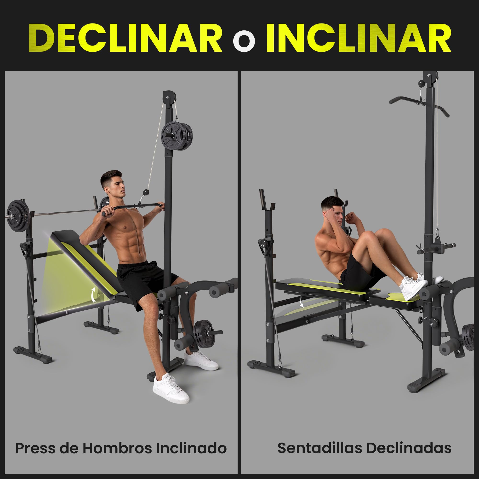 HOMCOM Banco de Pesas Multifuncional Banco de Musculación Reclinable con Altura Ajustable para Fitness Entrenamiento Completo en Gimnasio y Casa Carga 250 kg 175x110x202 cm Negro